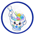 A circular embroidered patch featuring a cute cartoon mortar and pestle filled with colorful sparkling potion and star-shaped droplets, on a white background with a blue stitched border.