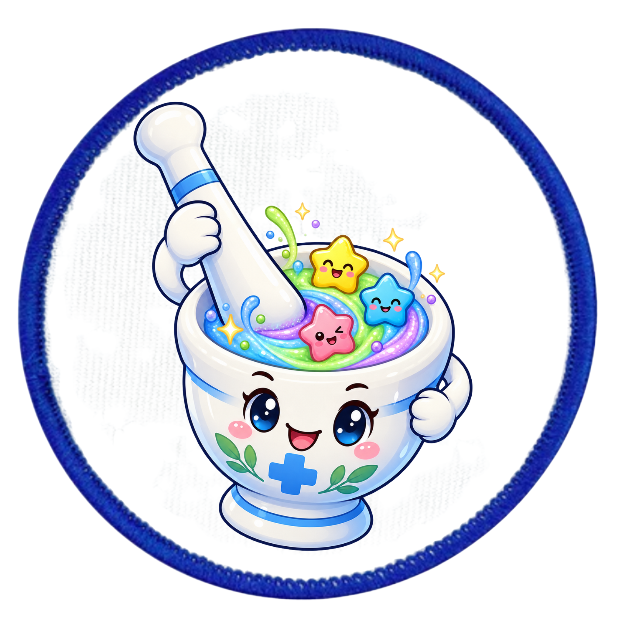 A circular embroidered patch featuring a cute cartoon mortar and pestle filled with colorful sparkling potion and star-shaped droplets, on a white background with a blue stitched border.