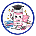 Illustration of a pink pharmacy-themed bottle with graduation cap, books, and coffee cup on a white background.