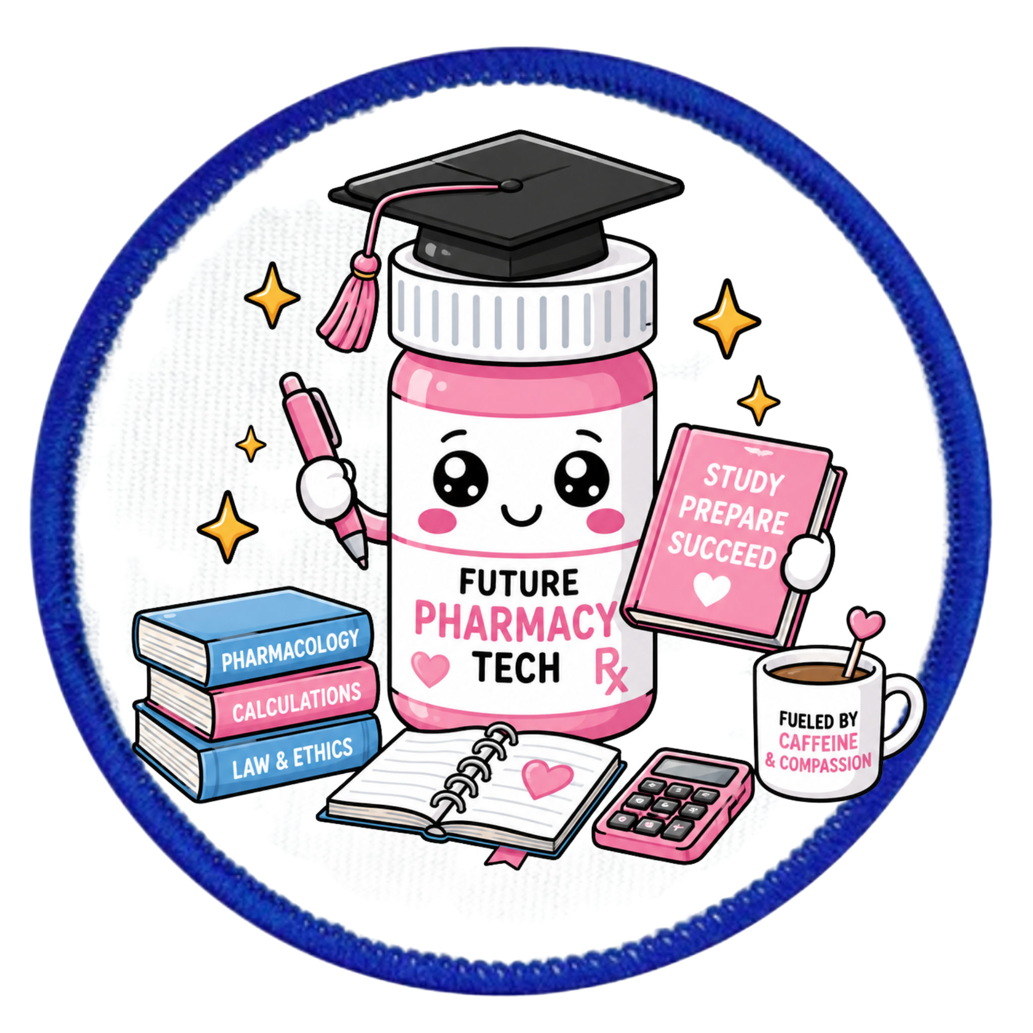 Illustration of a pink pharmacy-themed bottle with graduation cap, books, and coffee cup on a white background.