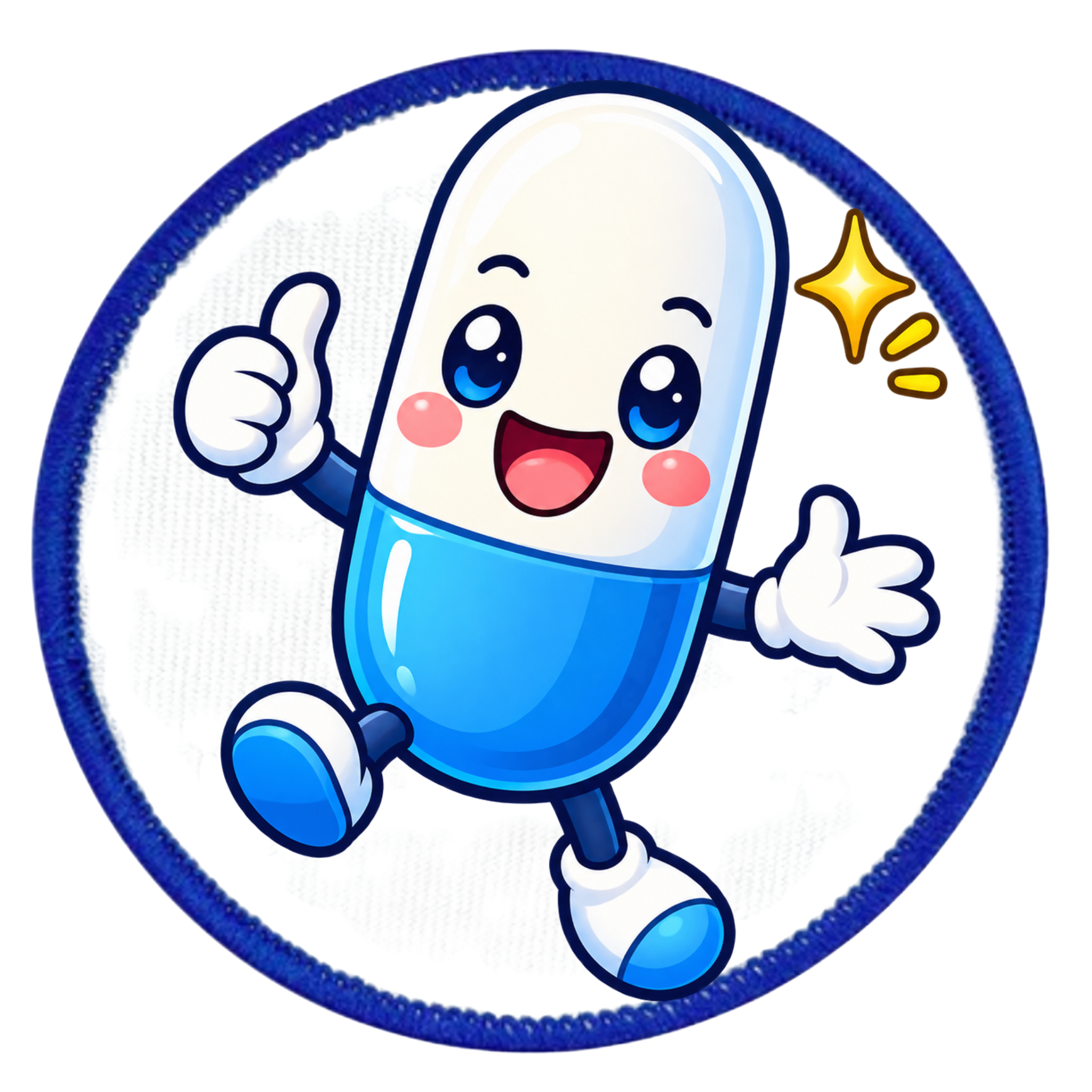 A circular embroidered patch featuring a cute cartoon pill capsule character. The pill is split into a white top half and a blue bottom half, with expressive blue eyes, a smiling face, white gloves, and small blue shoes.