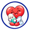 A circular embroidered patch featuring a cute cartoon illustration of a red heart and a pill capsule hugging, with a white border and blue stitched edge.