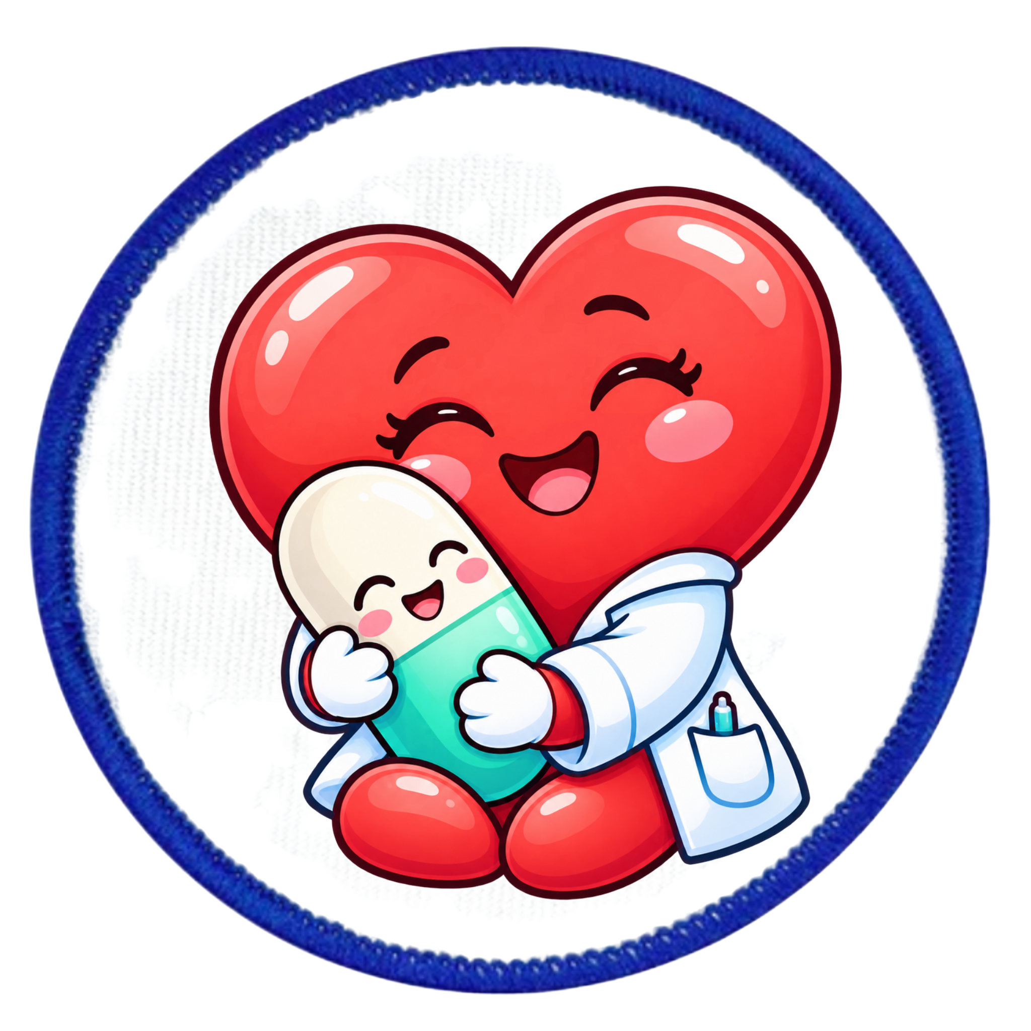 A circular embroidered patch featuring a cute cartoon illustration of a red heart and a pill capsule hugging, with a white border and blue stitched edge.