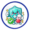 A circular patch or sticker featuring a cute cartoon illustration of a teal shield character with a white cross, holding a red capsule pill and a green checkmark badge, on a white background with a blue stitched border.