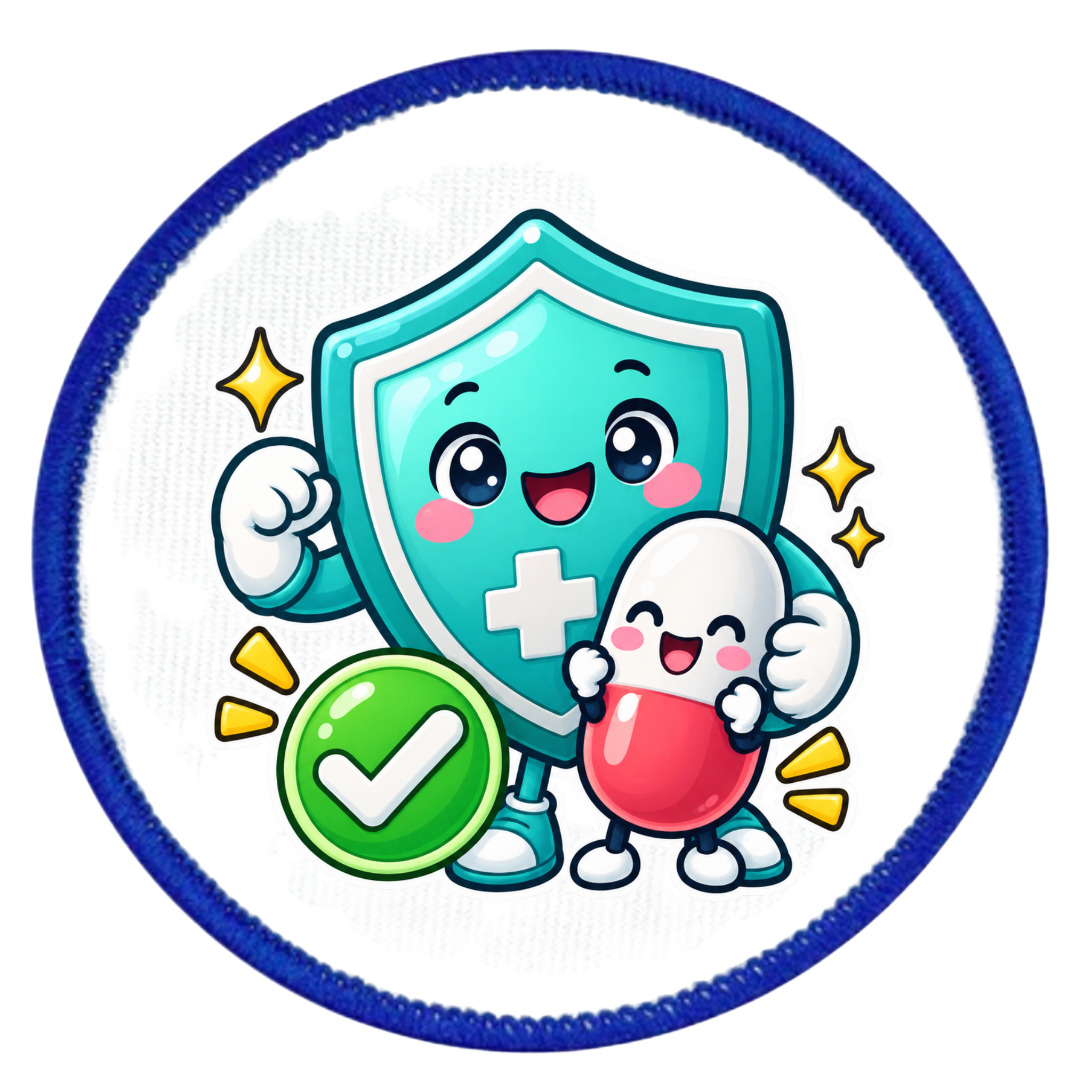 A circular patch or sticker featuring a cute cartoon illustration of a teal shield character with a white cross, holding a red capsule pill and a green checkmark badge, on a white background with a blue stitched border.