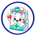 A circular embroidered patch featuring a cute, cartoonish white medical supply bag with a smiling face, surrounded by medical items like pills, a syringe, and a heart. The patch has a blue embroidered border on a white background.