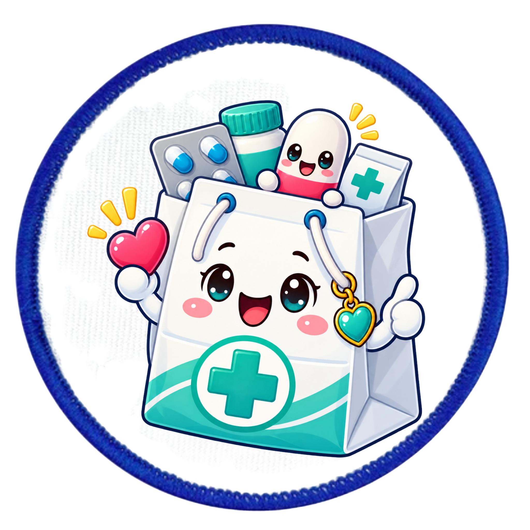 A circular embroidered patch featuring a cute, cartoonish white medical supply bag with a smiling face, surrounded by medical items like pills, a syringe, and a heart. The patch has a blue embroidered border on a white background.