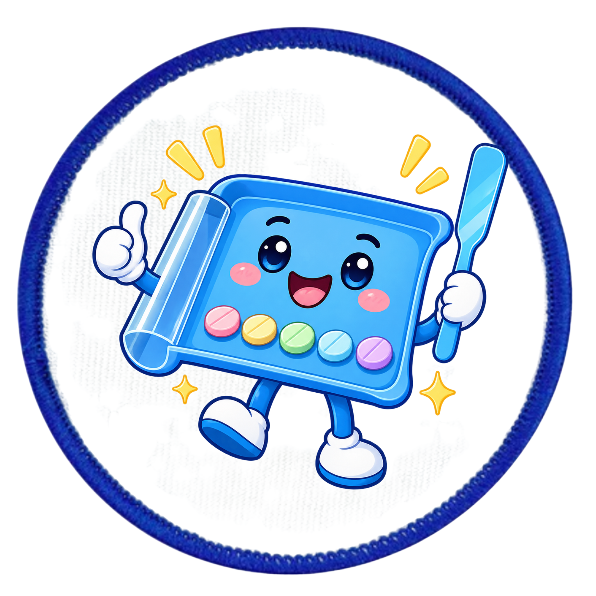 A circular embroidered patch featuring a cute cartoon character of a blue tray or folder with colorful pastel buttons and arms, holding a blue spatula. The patch has a white background with a dark blue embroidered border.