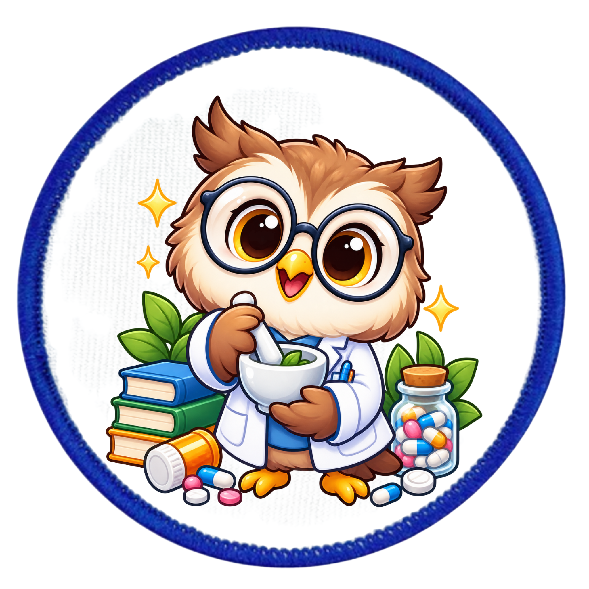 A circular embroidered patch featuring a cute cartoon owl dressed as a pharmacist, wearing round glasses and a white lab coat while holding a mortar and pestle. The owl is surrounded by books, leaves, a pill bottle, and a jar of colorful medicine, all set against a white background with a blue stitched border.