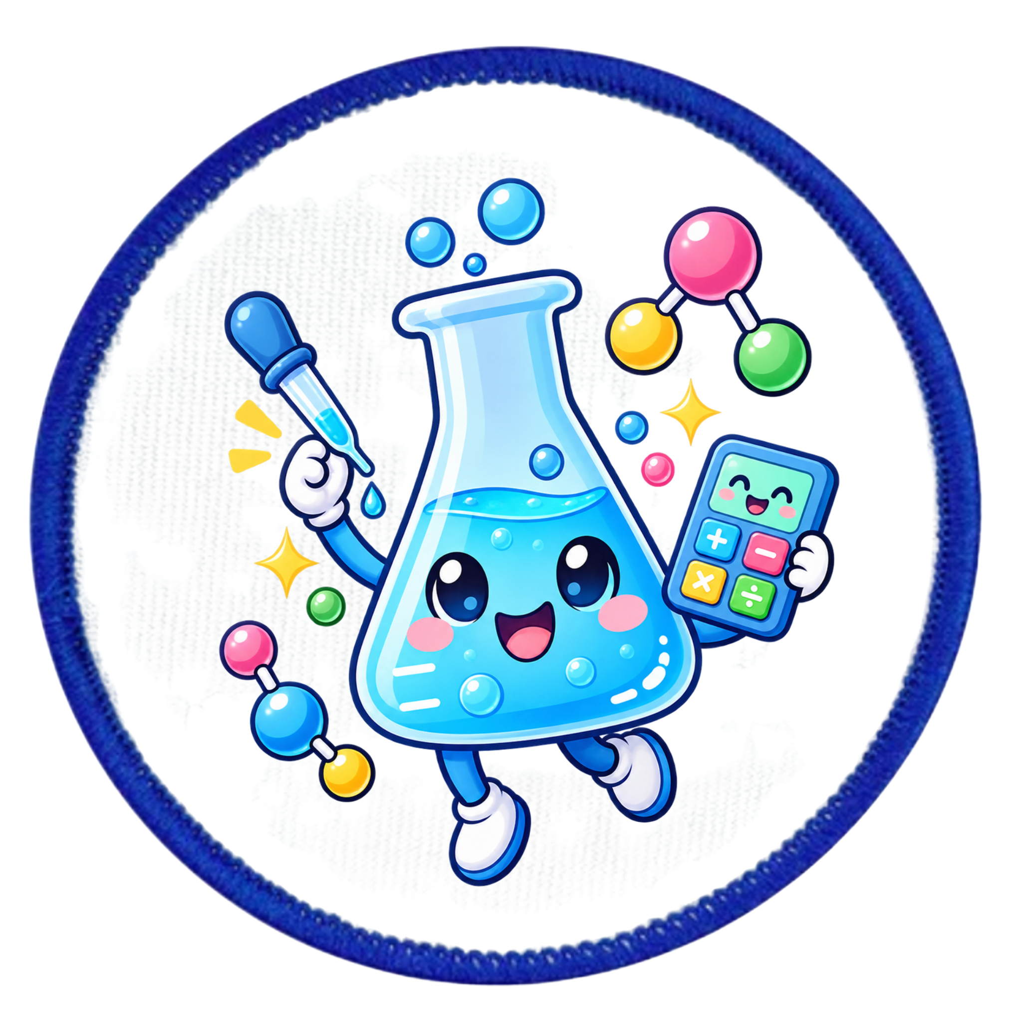 A circular embroidered patch featuring a cute cartoon lab character made from a blue beaker, dropper, calculator, and colorful molecule graphics on a white background with a blue stitched border.