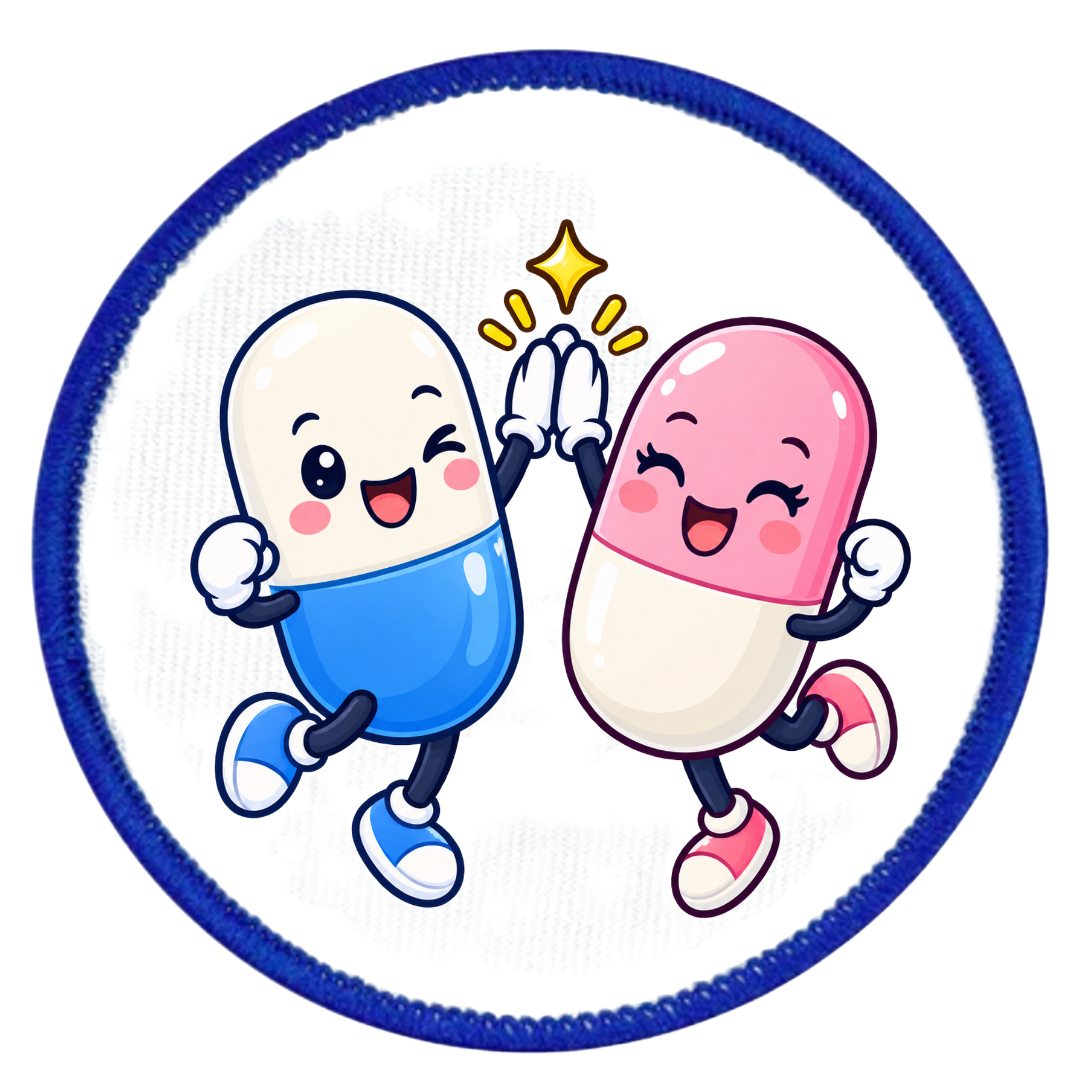A circular embroidered patch featuring two cute, smiling cartoon capsules high-fiving. One capsule is blue and white, and the other is pink and white.