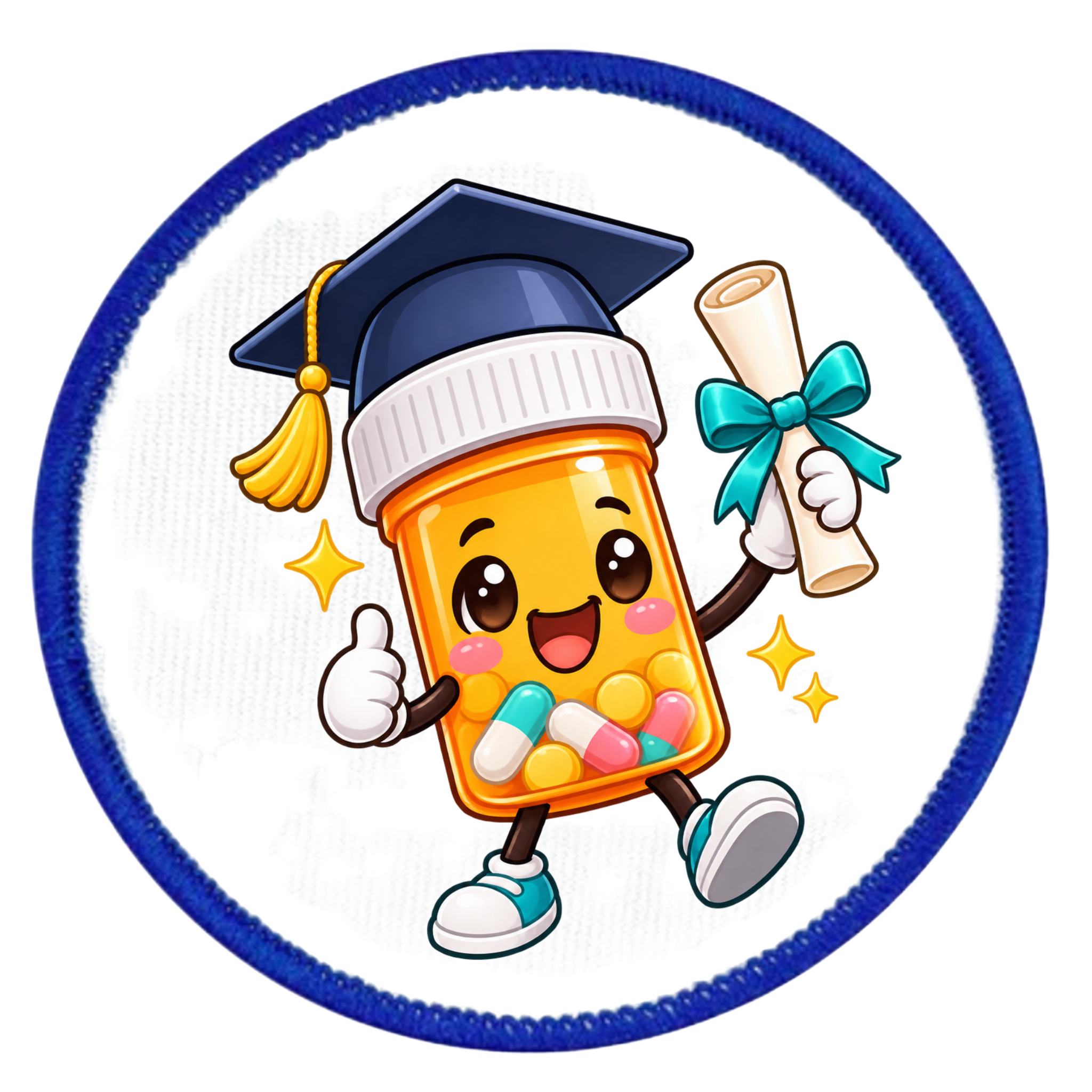 A circular embroidered patch featuring a cute cartoon pill bottle character celebrating graduation. The character wears a navy blue and white mortarboard cap with a yellow tassel, holds a rolled diploma tied with a teal ribbon, and is surrounded by colorful capsules and sparkles on a white background with a blue stitched border.