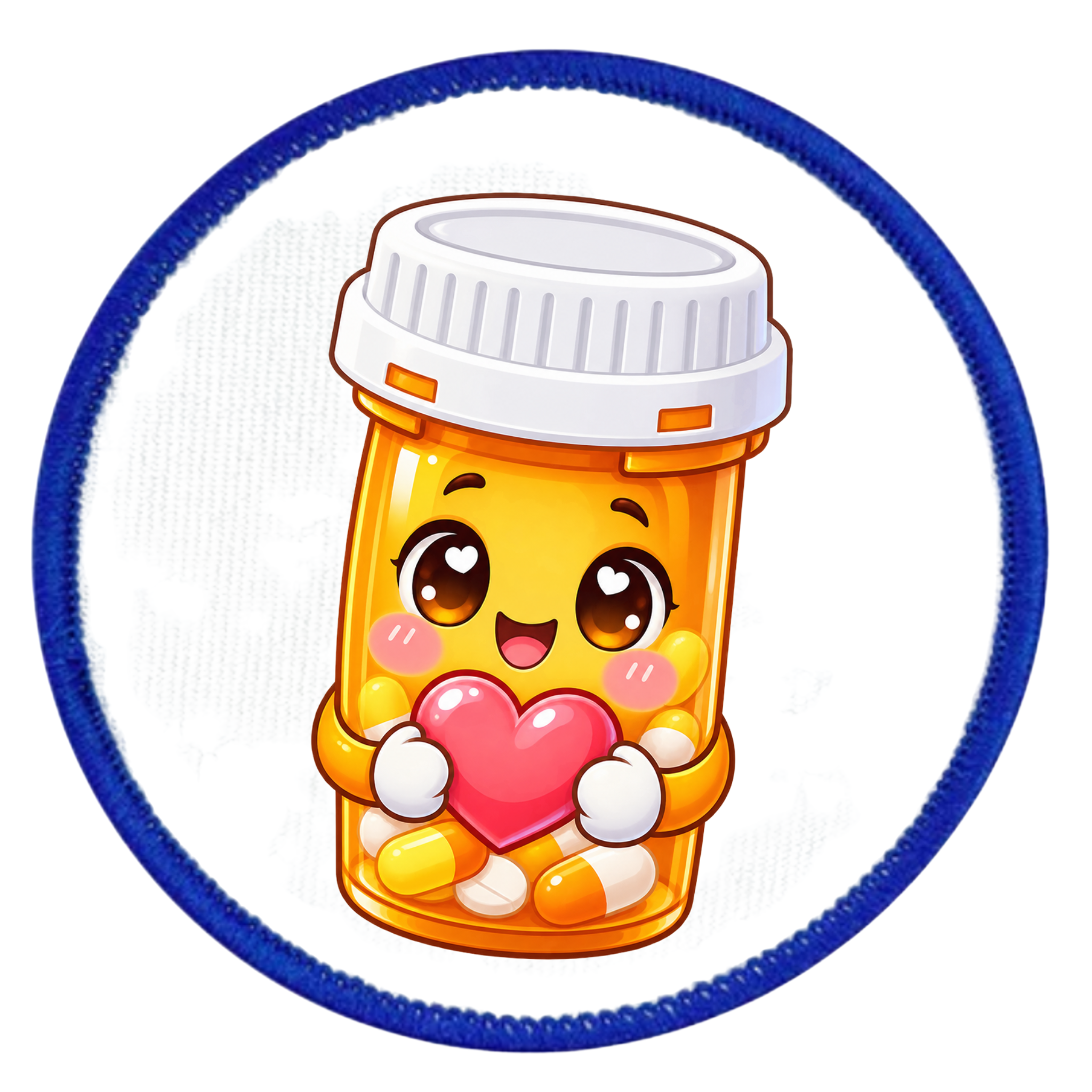 A circular embroidered patch featuring a cute cartoon pill bottle character holding a pink heart, with a blue stitched border on a white background.
