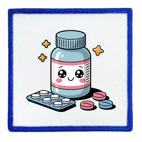 Patch with a cartoon bottle of pills and tablets on a white background
