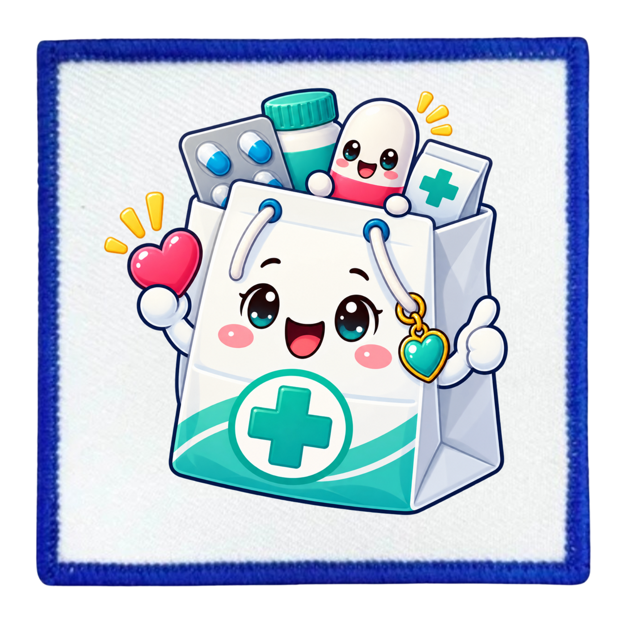 A square patch or sticker with a blue embroidered border on a white background, featuring a cute cartoon medical bag with a smiling face, a green cross symbol, and small illustrated pills and a heart.