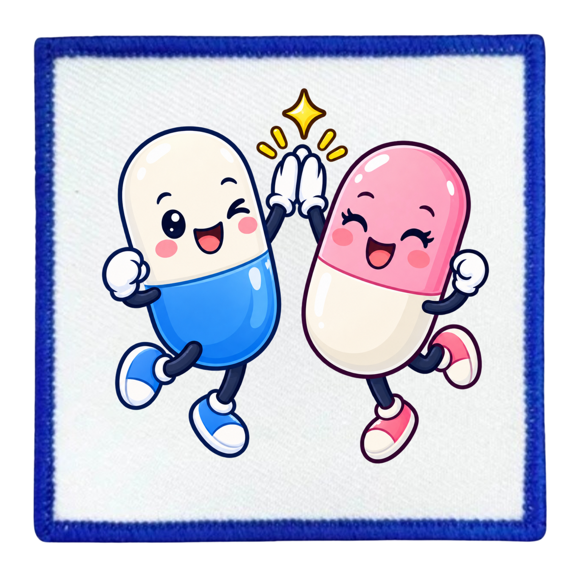 A square white patch with a blue stitched border, featuring a cartoon illustration of two high-fiving capsules. One capsule is blue and white, and the other is pink and white, both smiling with a small yellow star above them.