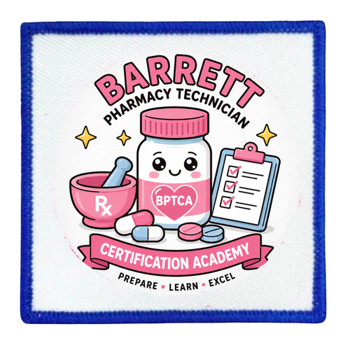 Patch with cartoon pharmacy-themed design and text about a pharmacy technician certification academy.