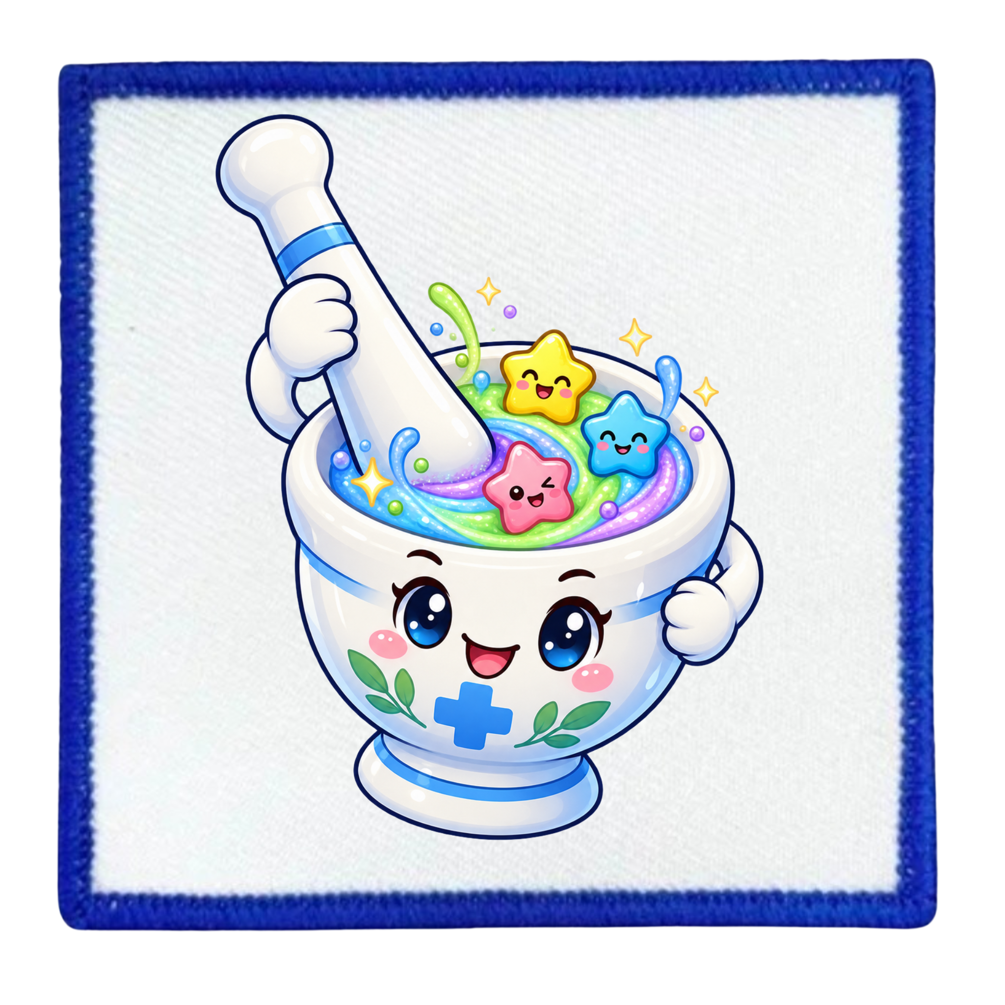 A square white patch with a blue stitched border, featuring a cute cartoon illustration of a smiling white mortar and pestle filled with colorful star-shaped candies and pastel swirls.