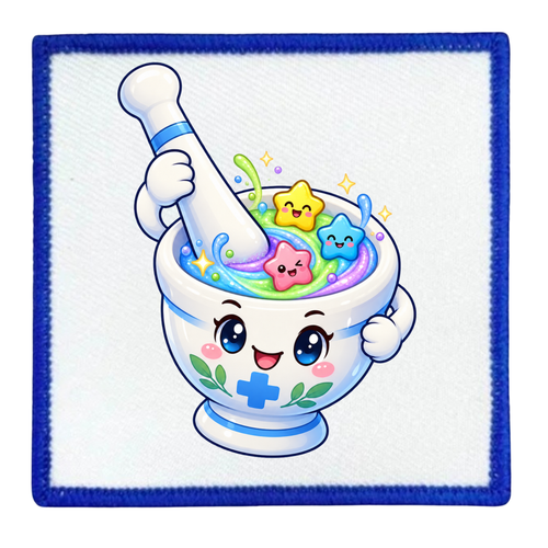 A square white patch with a blue stitched border, featuring a cute cartoon illustration of a smiling white mortar and pestle filled with colorful star-shaped candies and pastel swirls.