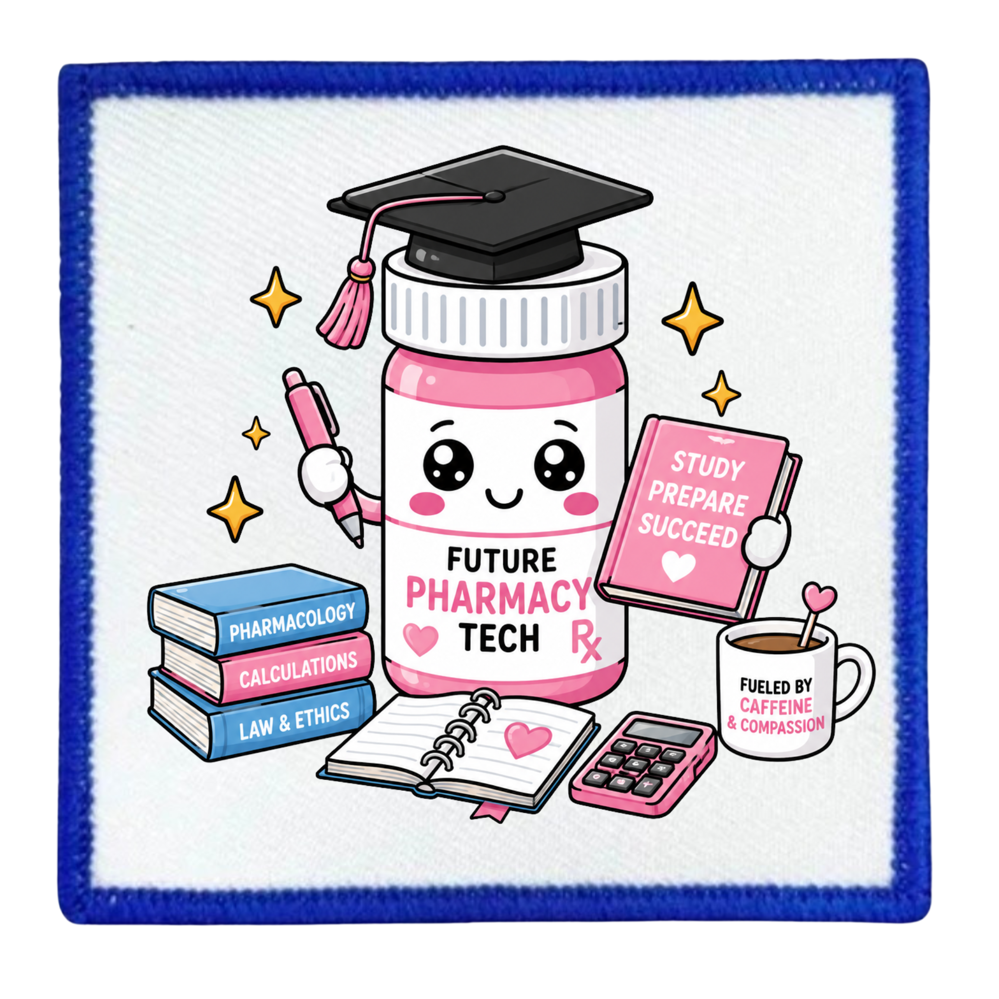 Patch with a cartoon pharmacy bottle labeled 'Future Pharmacy Tech' on a white background