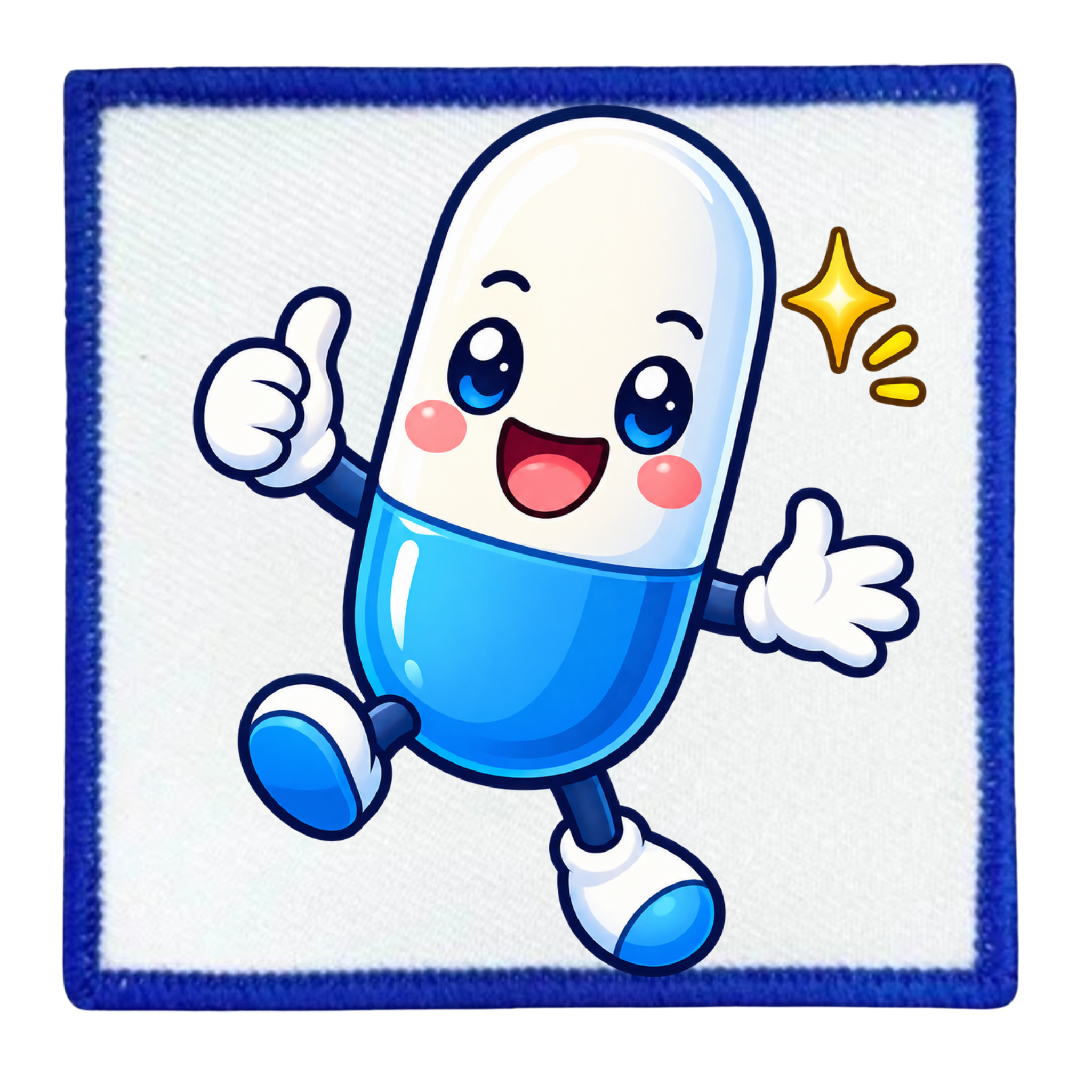 A square embroidered patch featuring a cute, cartoon-style blue and white capsule character with a smiling face, waving hands, and a yellow sparkle graphic on a white background with a blue stitched border.