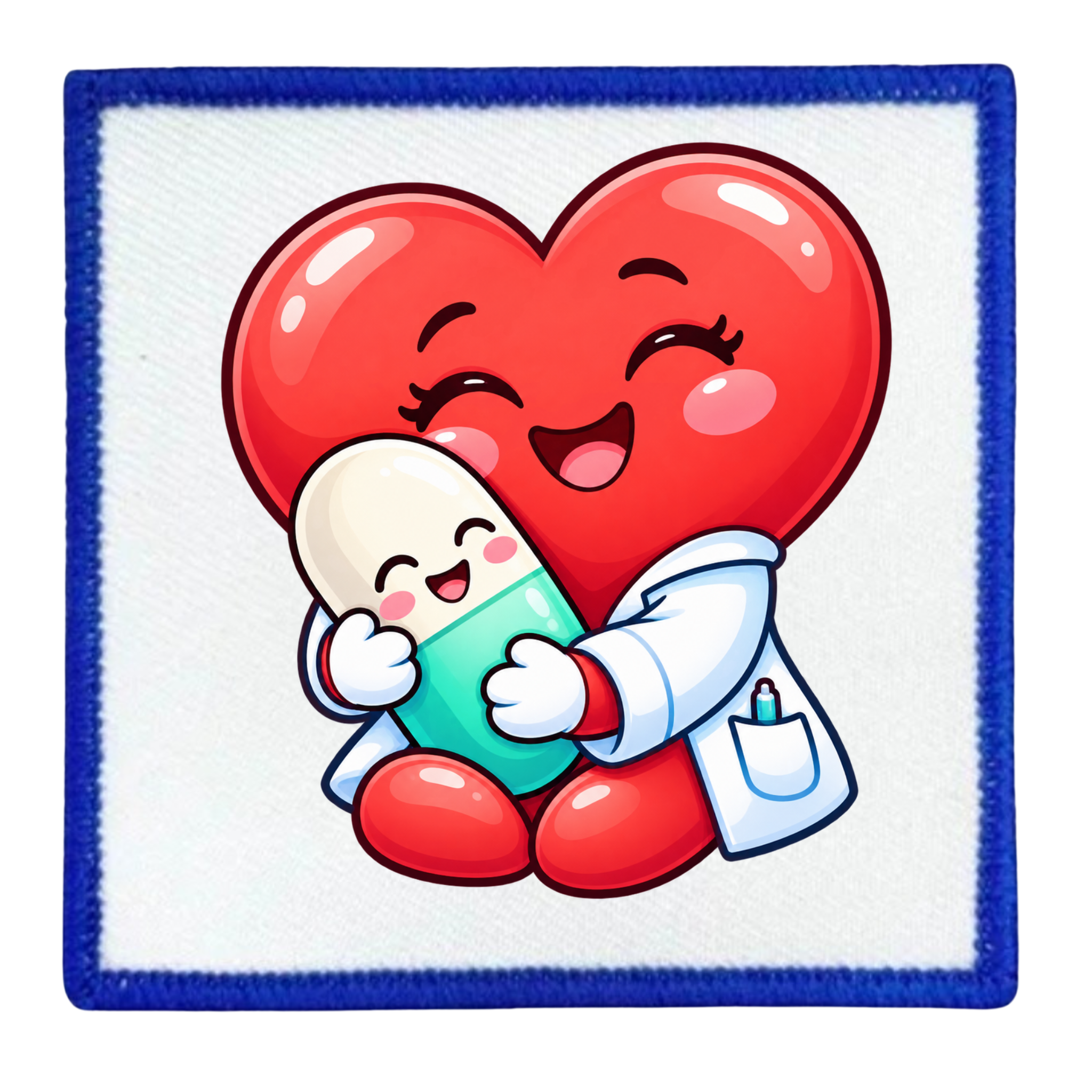A square white patch with a blue stitched border featuring a cartoon illustration of a red heart hugging a smiling capsule pill, with the heart wearing a white coat.