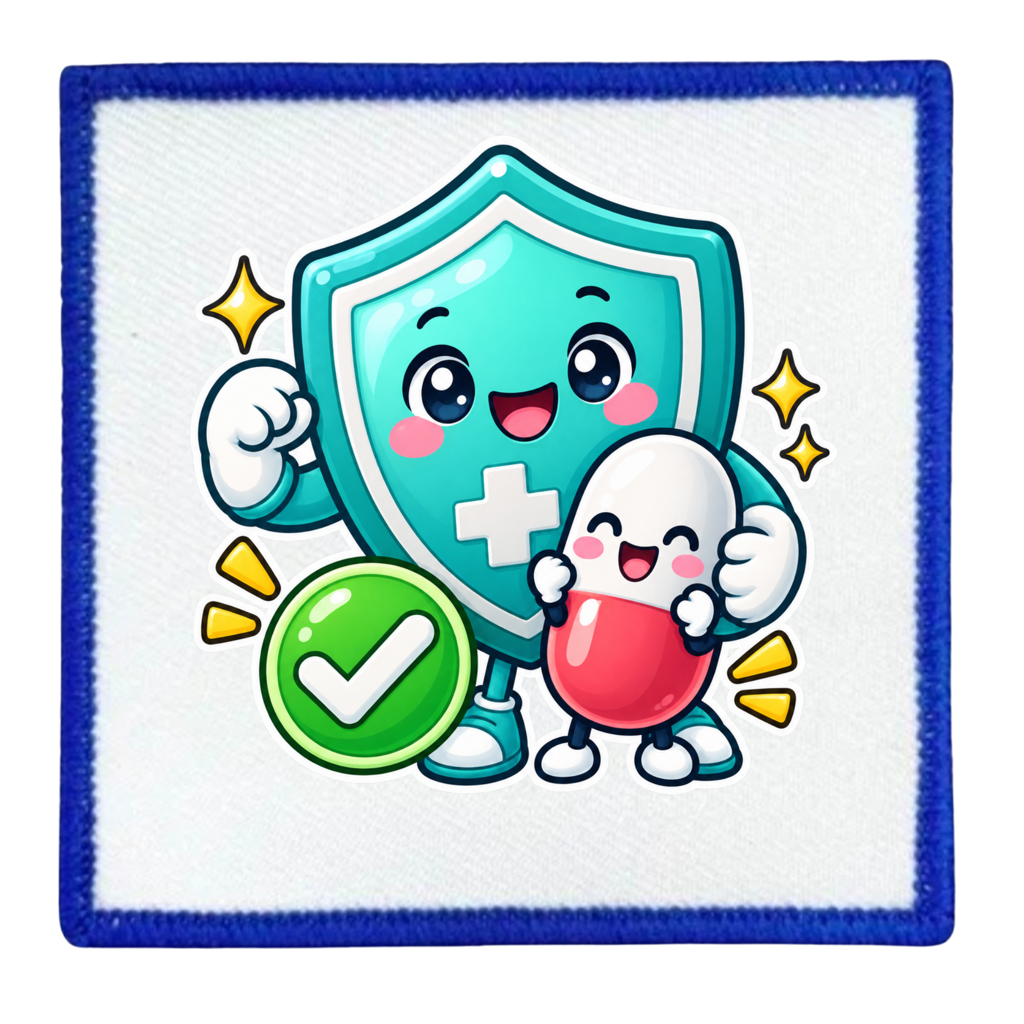 A square white patch with a blue stitched border, featuring a cartoon illustration of a teal shield character with a white cross, a small white-and-red pill character, and a green check emblem on a white background.