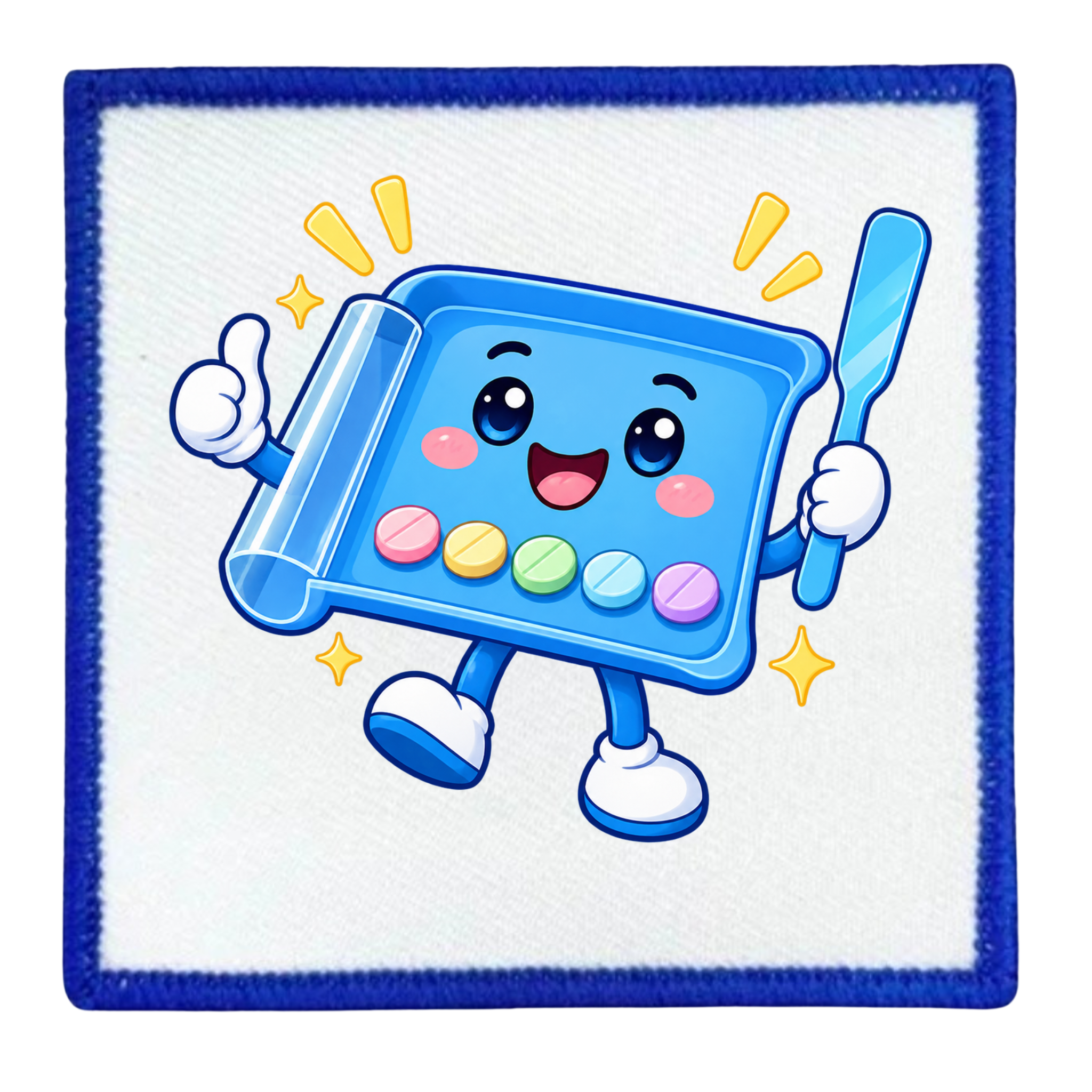 A square white patch with a blue stitched border, featuring a cartoon blue chalkboard character with colorful chalk pieces and a blue ruler, set against a plain white background.