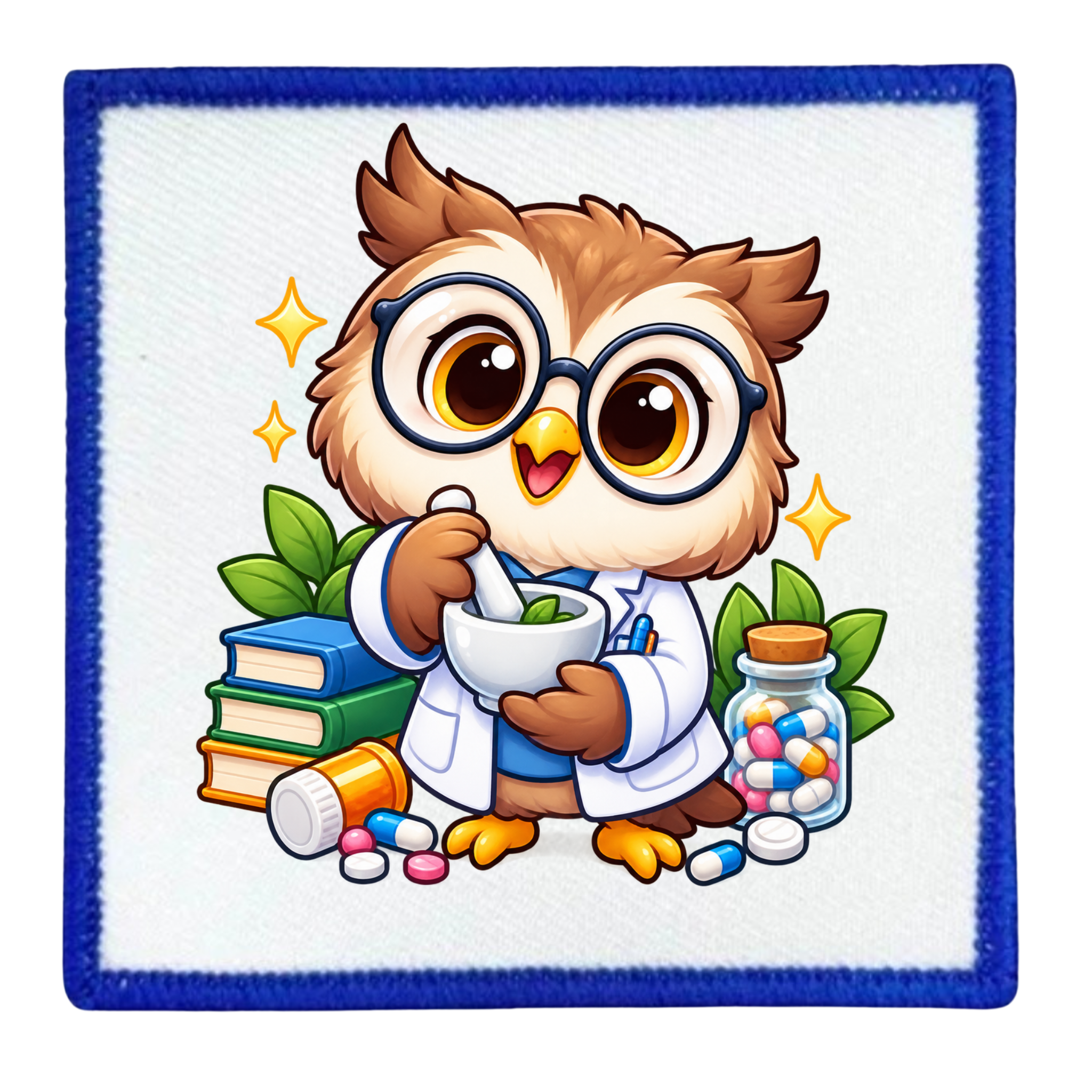 A square embroidered patch featuring a cartoon owl dressed as a pharmacist, wearing round glasses and a white lab coat while holding a mortar and pestle. The owl is surrounded by books, green leaves, a pill bottle, and a jar of colorful pills, with small yellow sparkles.