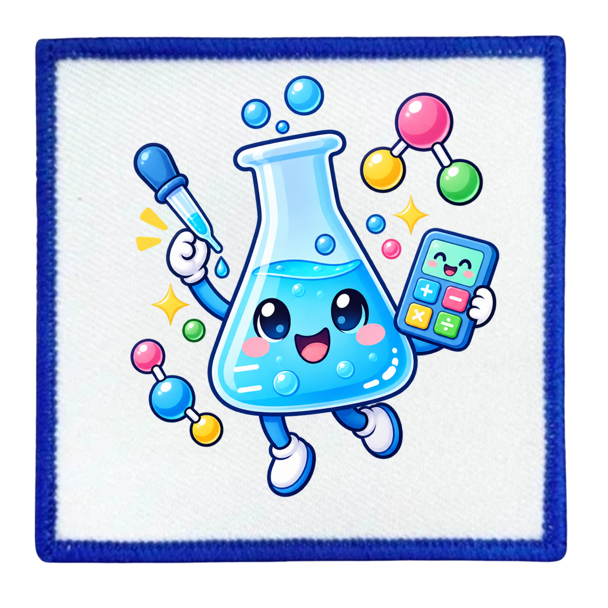 A square white patch with a blue stitched border, featuring a cute cartoon science illustration of a smiling blue beaker holding a pipette and calculator, surrounded by colorful molecules and stars.