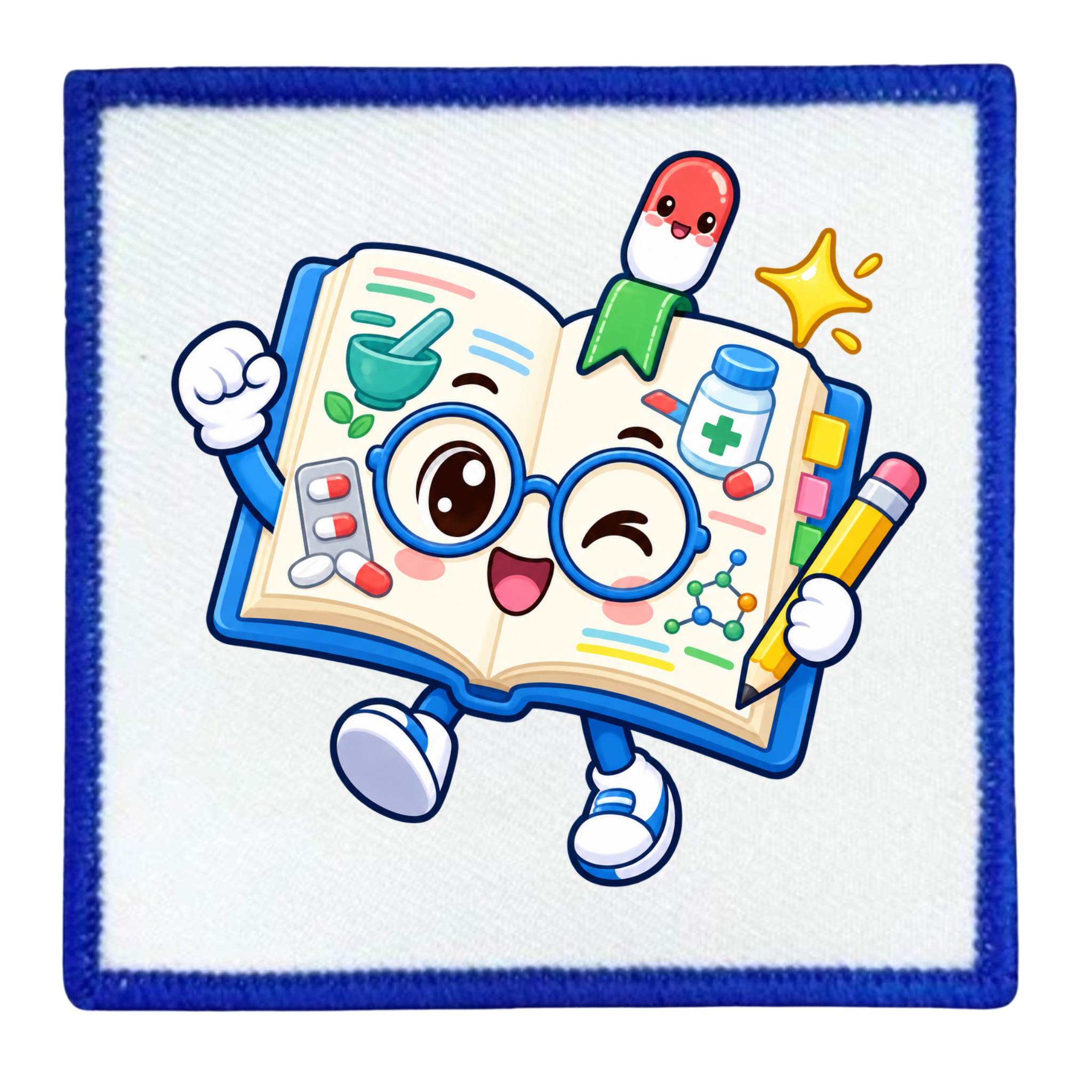 A square embroidered patch with a blue border and a white center, featuring a cartoon open book character wearing round blue glasses and holding a yellow pencil, surrounded by medical-themed illustrations like pills, a stethoscope, a syringe, and a star.