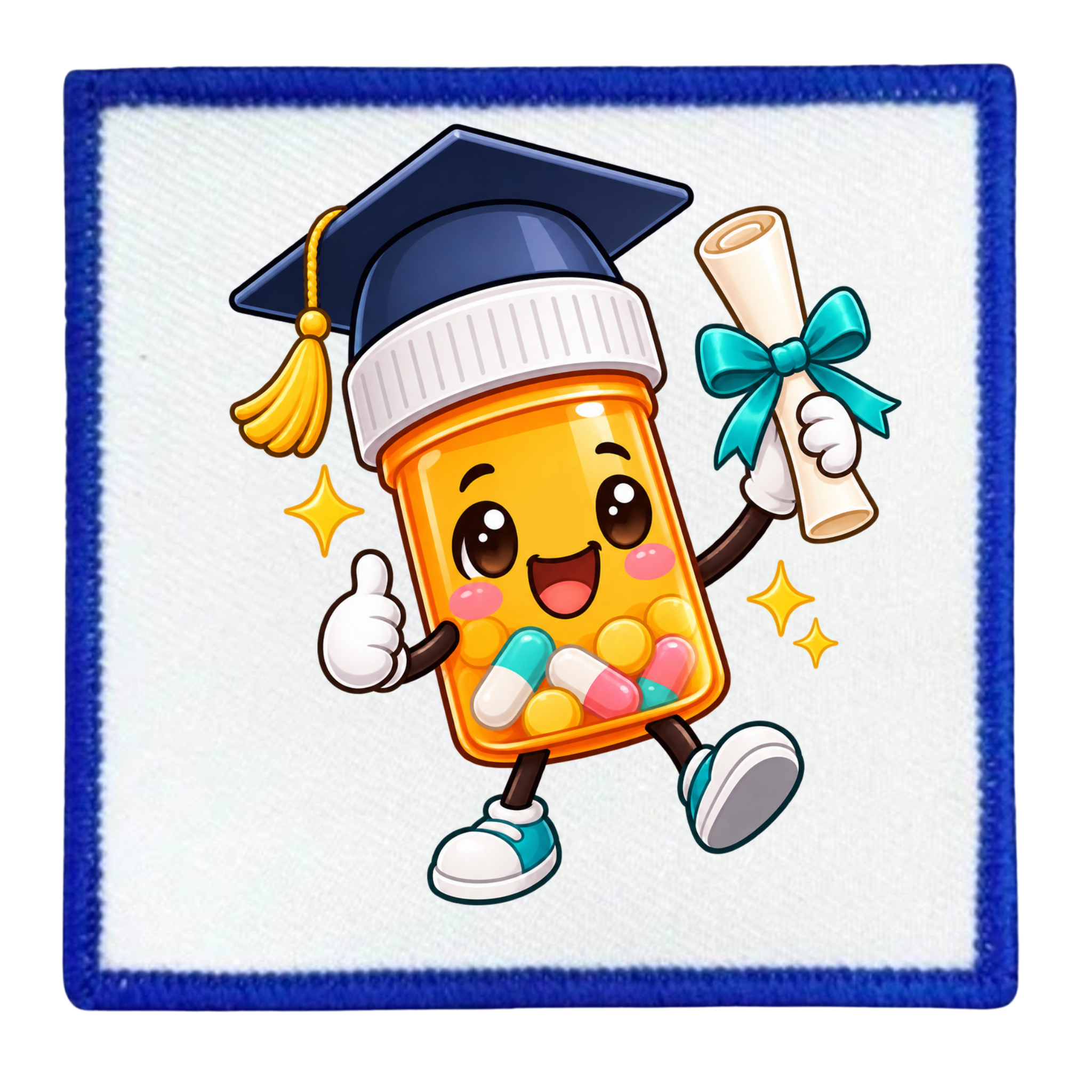 A square embroidered patch featuring a cute, cartoon-style orange pill bottle character wearing a dark blue graduation cap and holding a rolled diploma. The patch has a white center and a thick blue border.