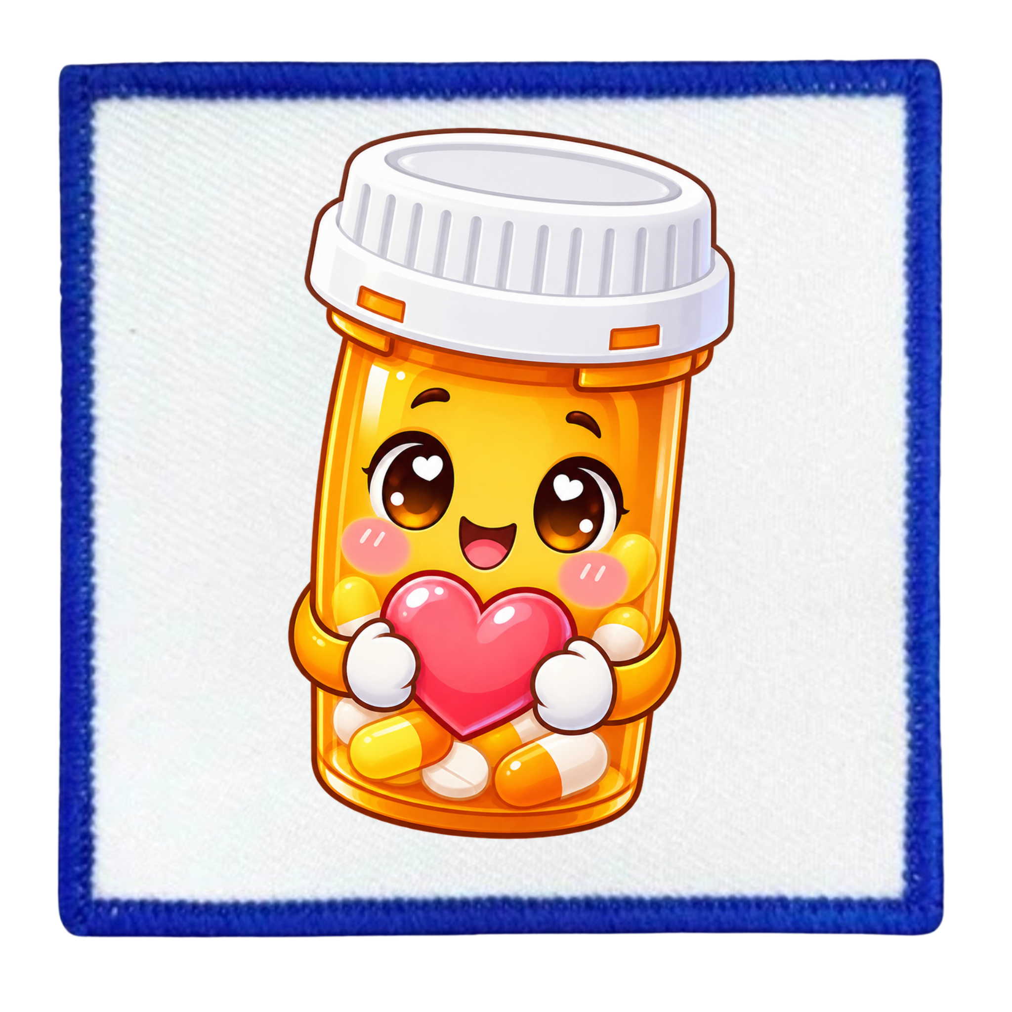 A square embroidered patch featuring a cute cartoon pill bottle character holding a pink heart, with yellow-orange capsules inside, centered on a white background with a blue stitched border.