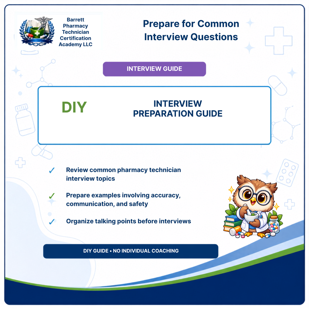 A digital cover page for a DIY Interview Preparation Guide from Barrett Pharmacy Technician Certification Academy LLC. The white and blue layout features the academy's logo, text outlining guide topics, a checklist, and a cartoon owl character holding books and a stethoscope.