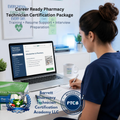 Person studying with a laptop, books, and a mug on a desk with a promotional text overlay for a pharmacy technician certification package.