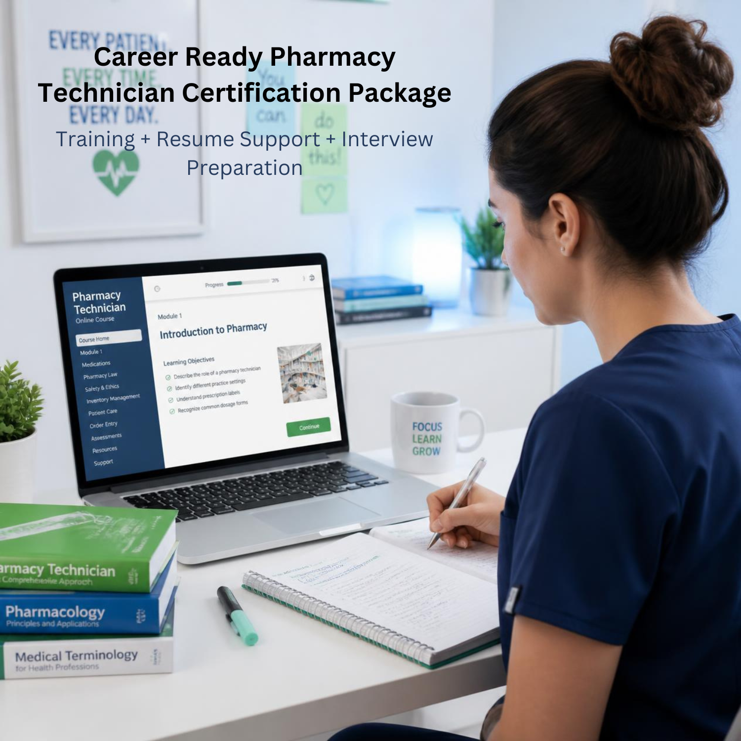Person studying with a laptop, books, and a mug on a desk with a promotional text overlay for a pharmacy technician certification package.