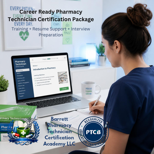 Person studying with a laptop, books, and a mug on a desk with a promotional text overlay for a pharmacy technician certification package.