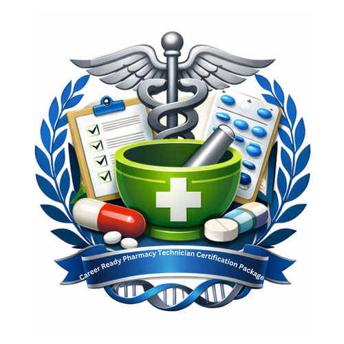 Logo for a career ready pharmacy technician certification package with medical symbols and text.