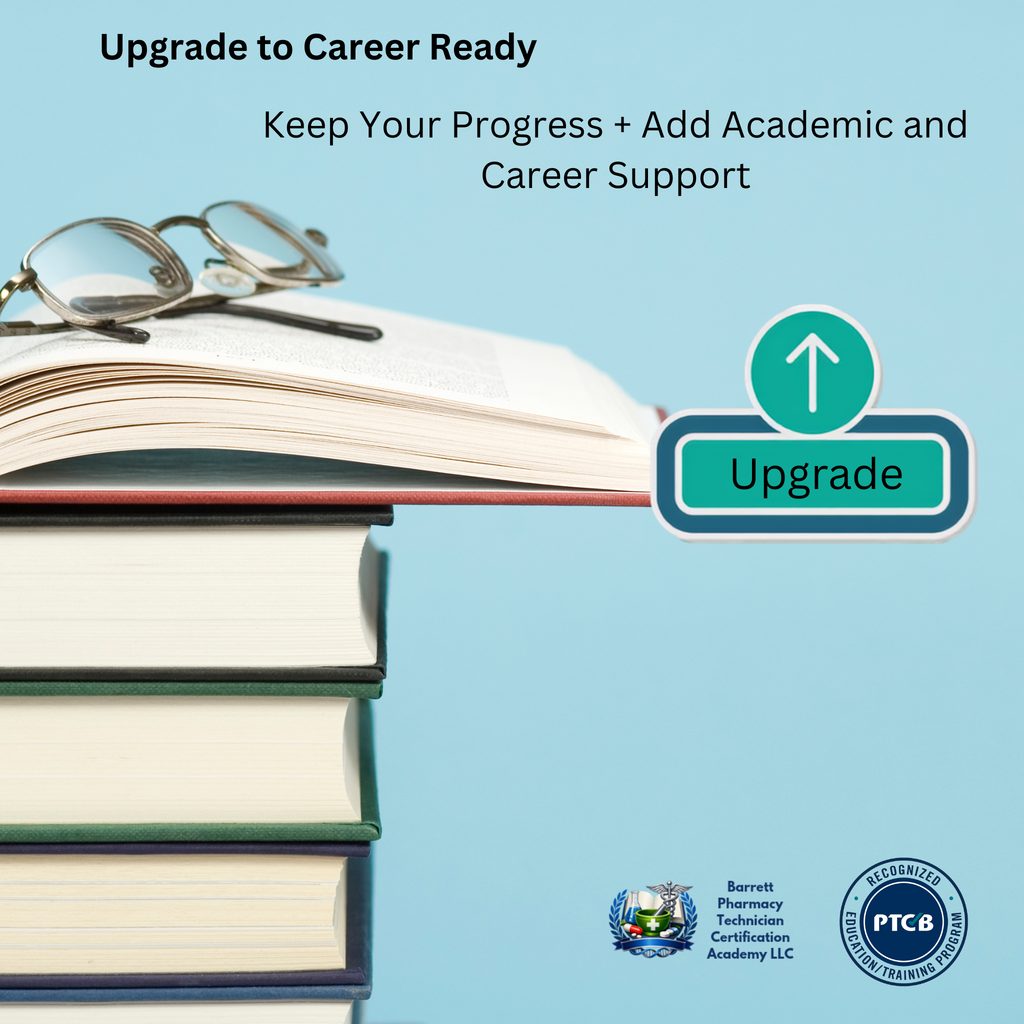 Promotional graphic for Career Ready upgrade, featuring an open book with eyeglasses on top, a stack of books, and an 'Upgrade' button on a light blue background. Text reads 'Upgrade to Career Ready' and 'Keep Your Progress + Add Academic and Career Support.
