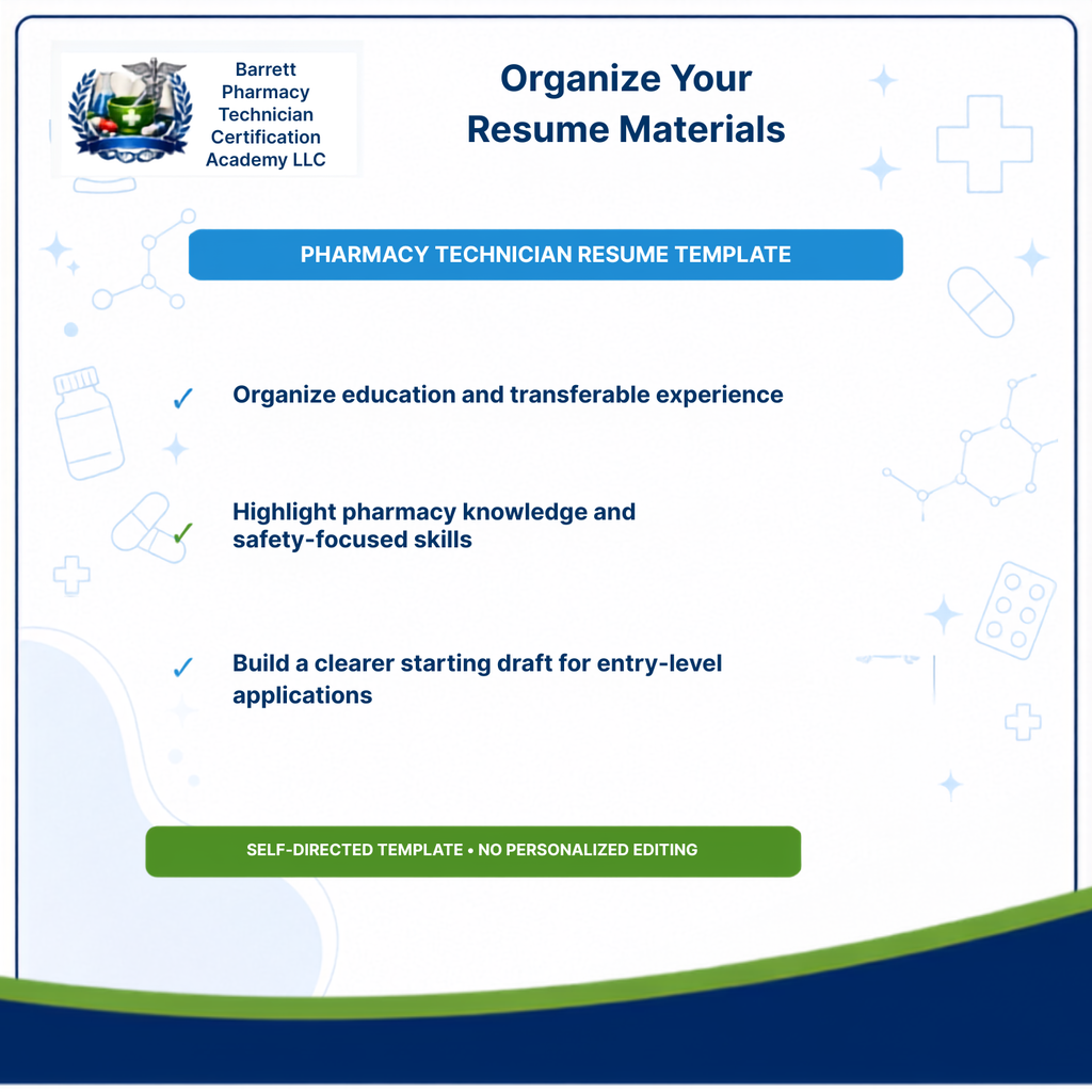 A promotional graphic for a Pharmacy Technician Resume Template, featuring the Barrett Pharmacy Technician Certification Academy logo and text on a white background with blue and green accents.