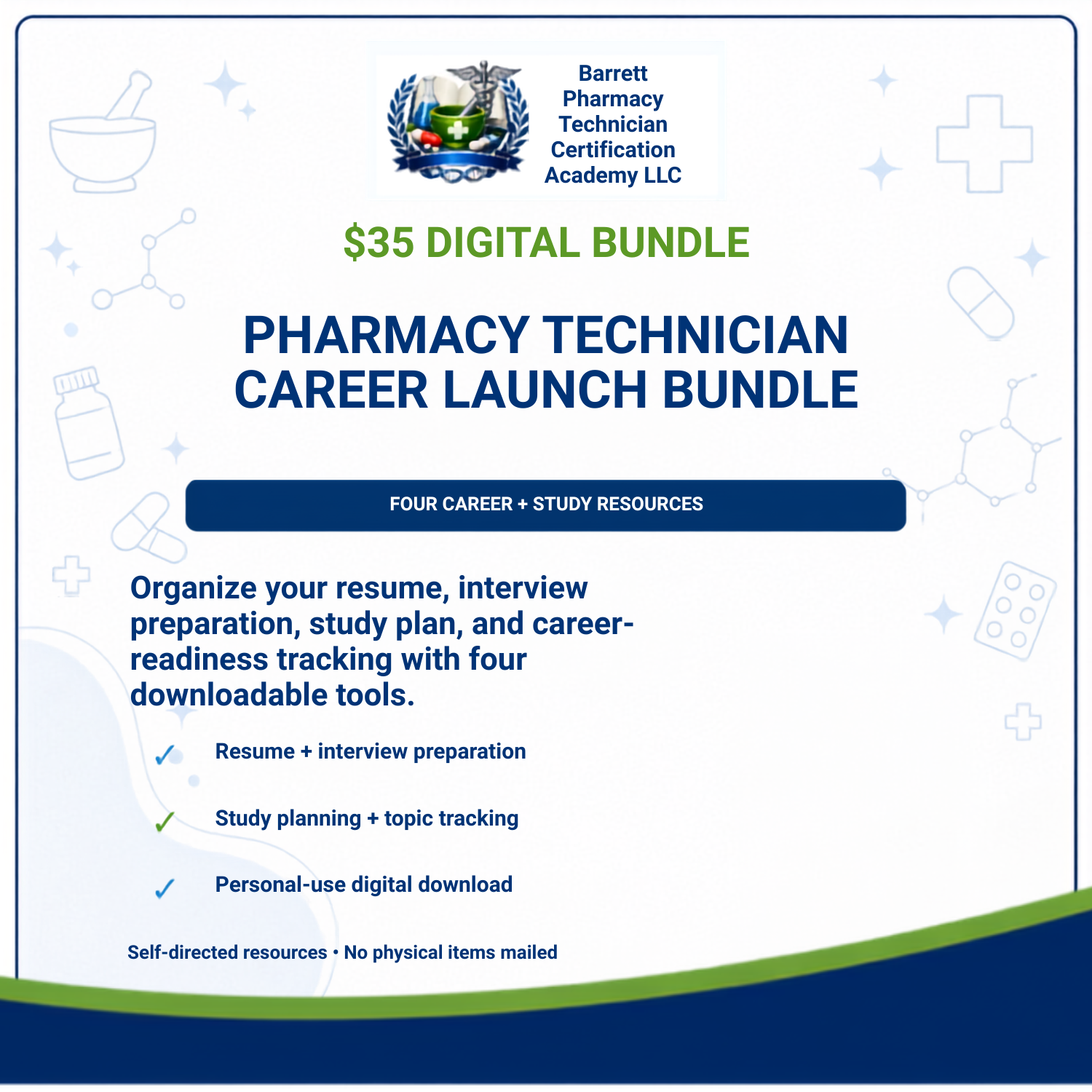 Promotional graphic for a $35 digital bundle titled 'Pharmacy Technician Career Launch Bundle' from Barrett Pharmacy Technician Certification Academy LLC, with text, icons, and a blue footer on a white background.