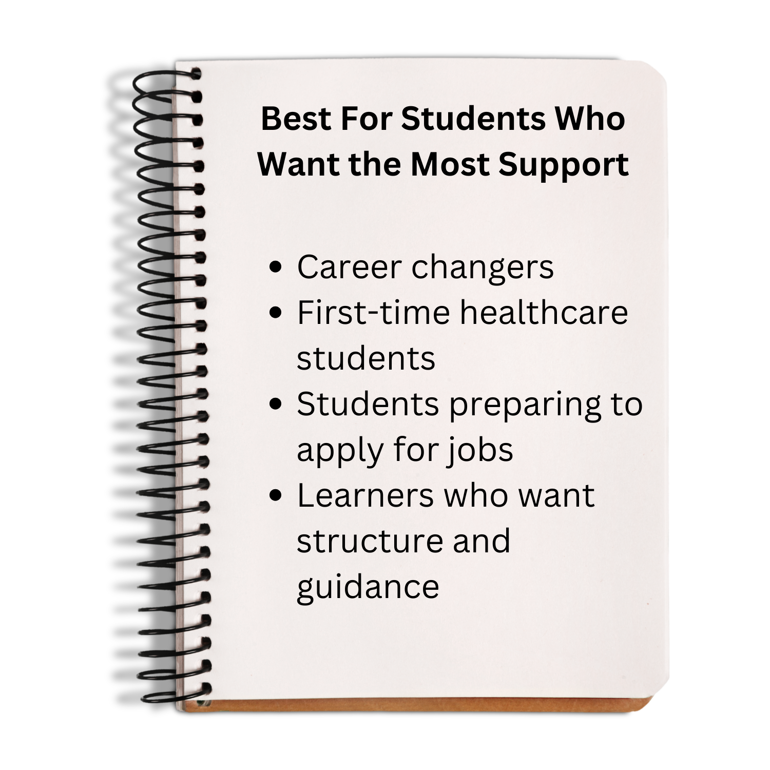 Notebook with text on support for students, on a white background