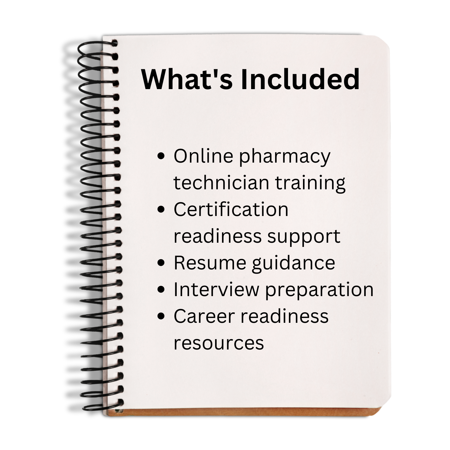Notebook with text listing included services for pharmacy technician training and support.