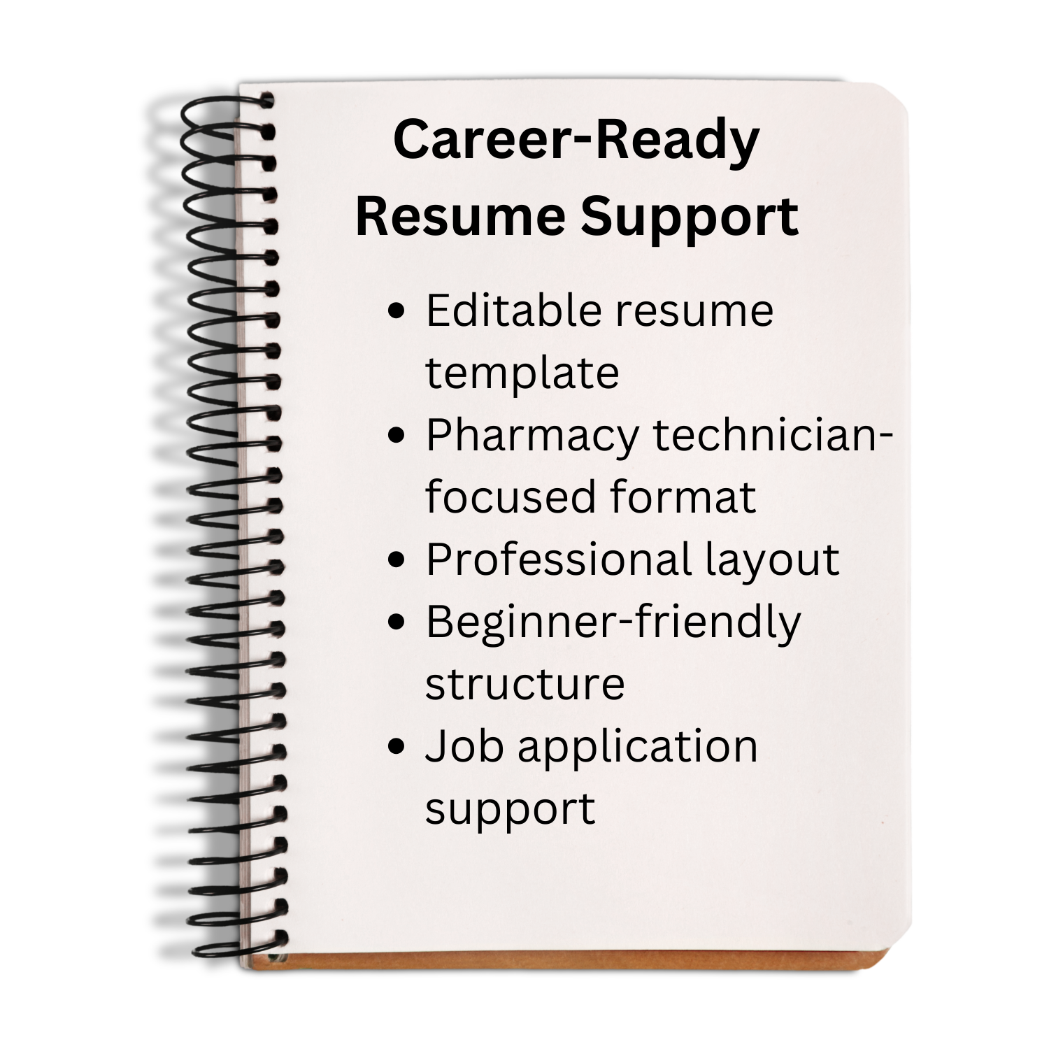Notebook with career-ready resume support text on a white background