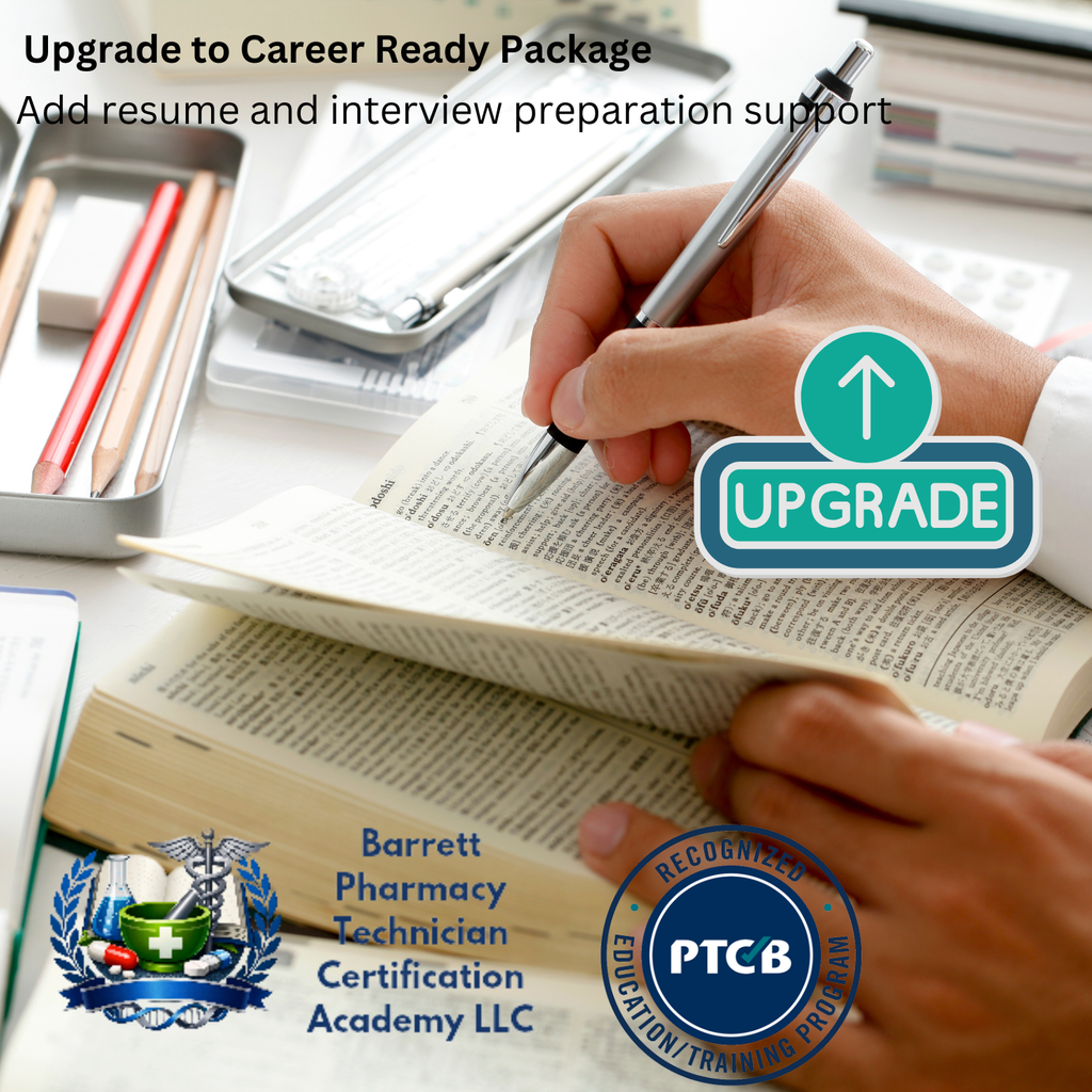 Person reading a book with a pen, surrounded by educational materials, with text about career readiness and upgrade options.
