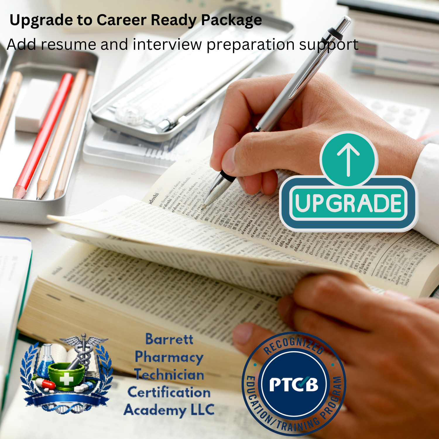 Person reading a book with a pen, surrounded by educational materials, with text about career readiness and upgrade options.