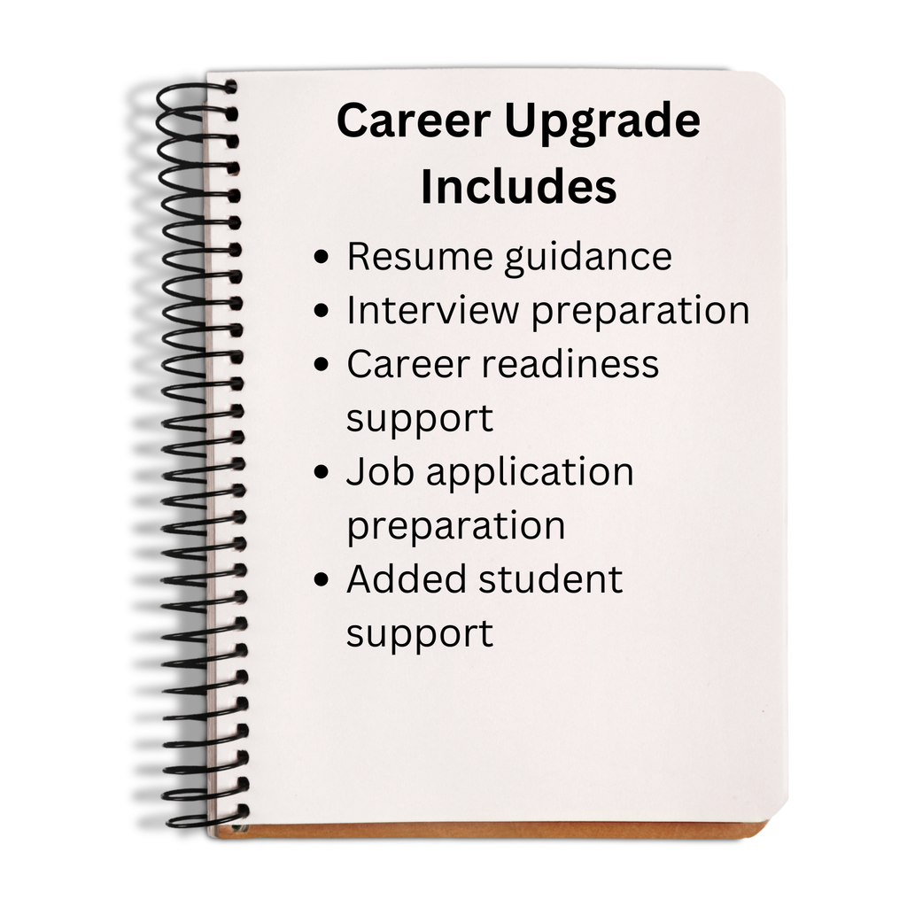 Notebook with text on career upgrade services on a white background