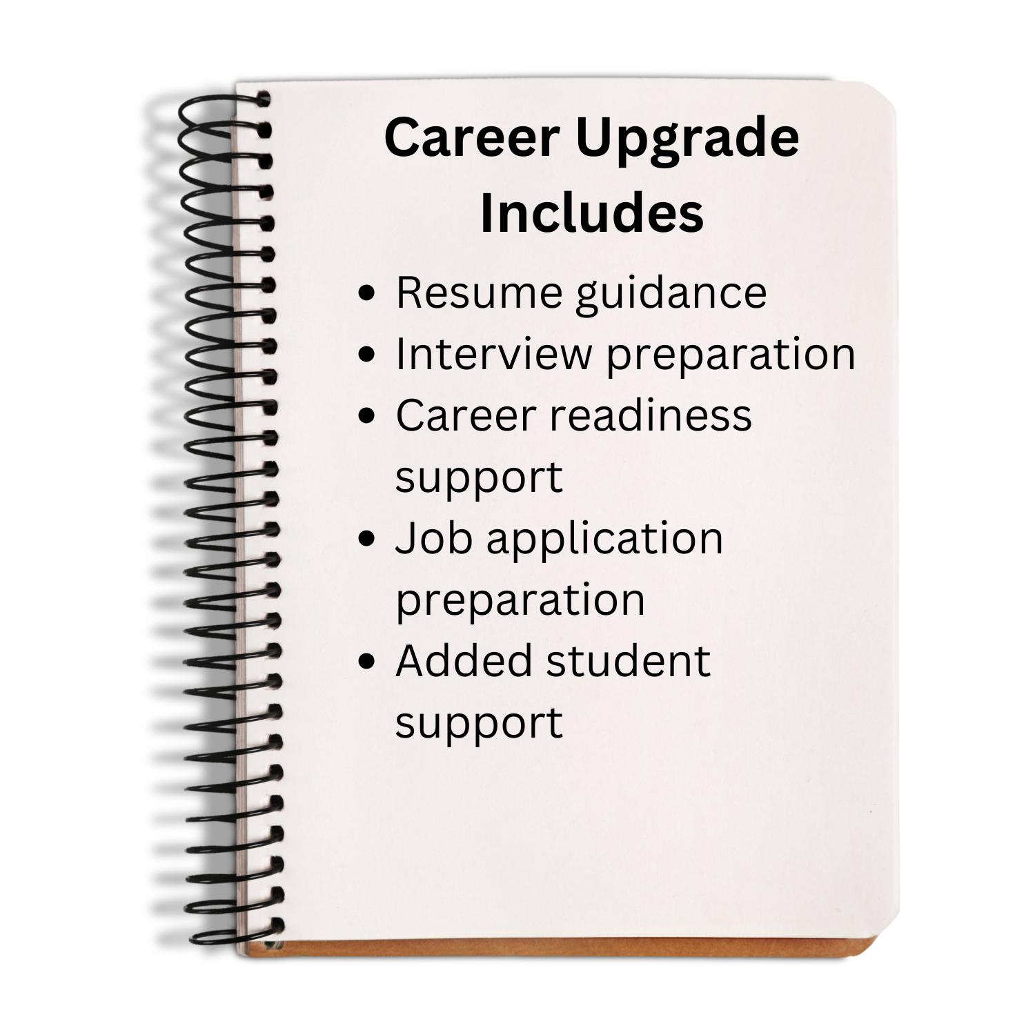 Notebook with text on career upgrade services on a white background
