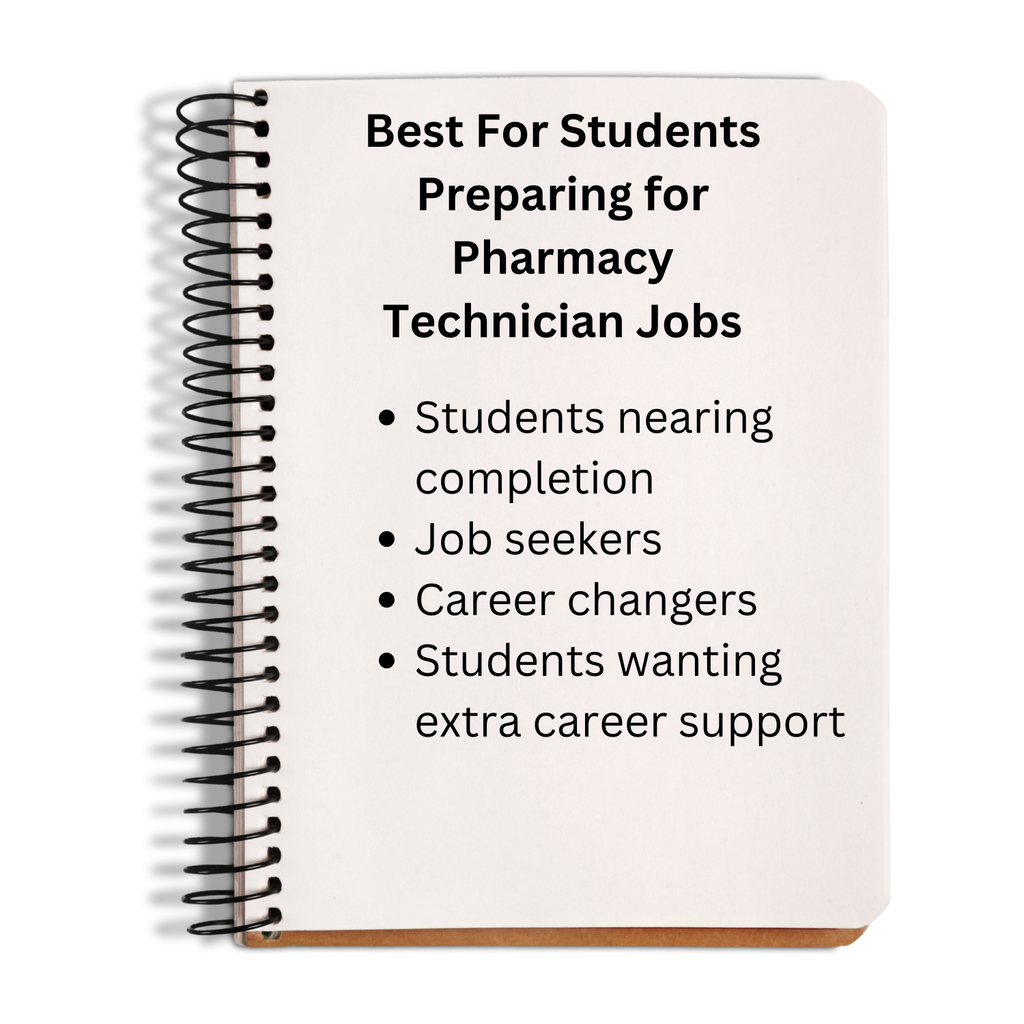 Notebook with text about its use for pharmacy technician job preparation on a white background