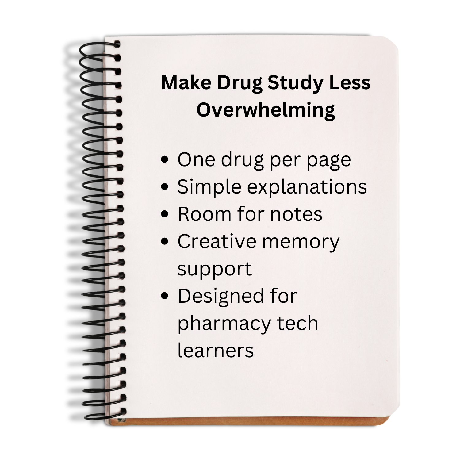 Notebook with text on drug study tips and features